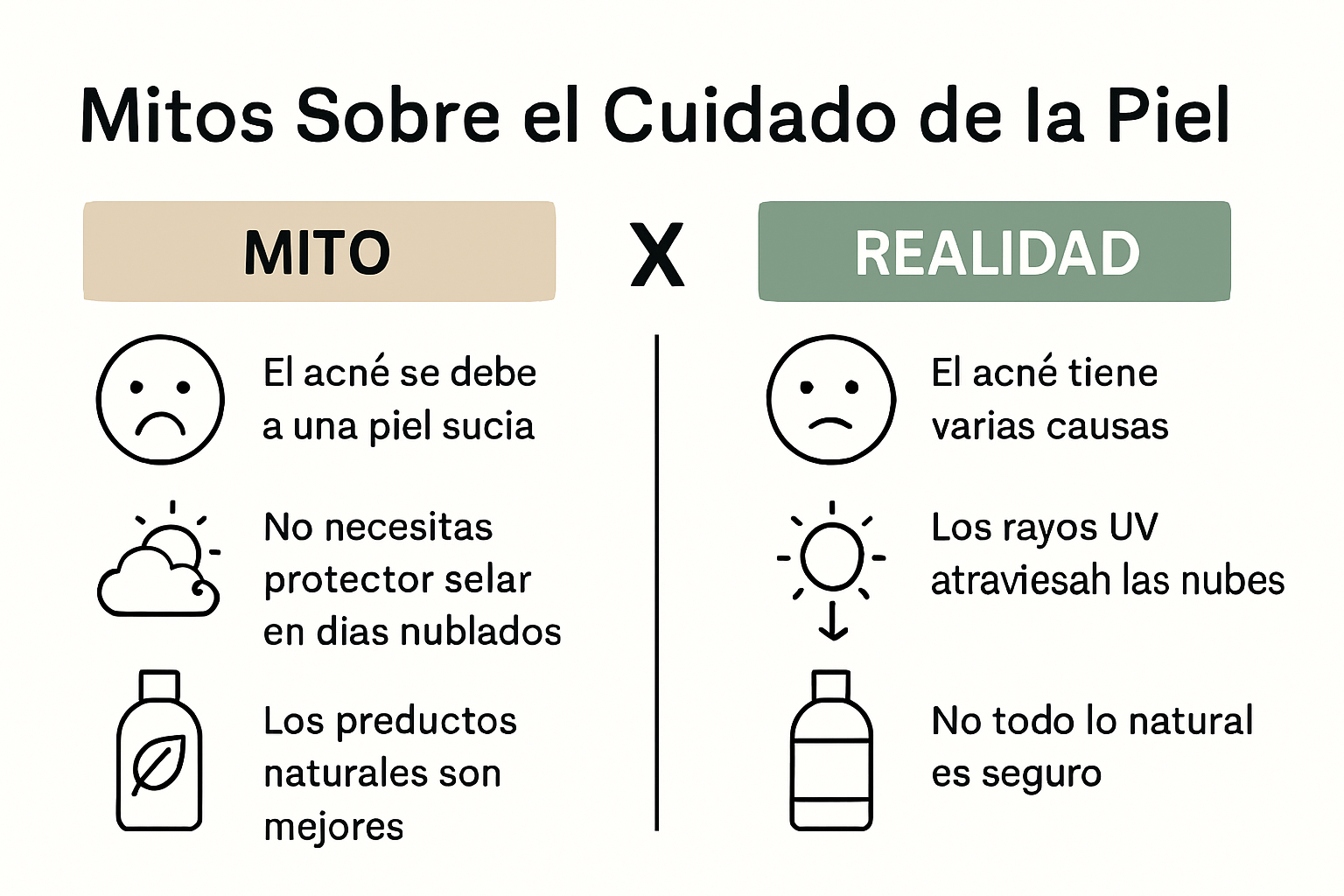 Infografía sobre mitos frecuentes del cuidado de la piel y las realidades científicas.
