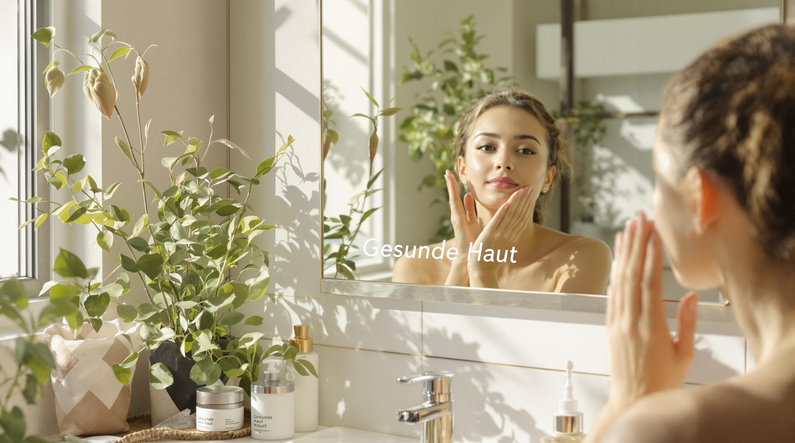 Mujer aplicando crema hidratante en un baño iluminado por el sol con el texto 