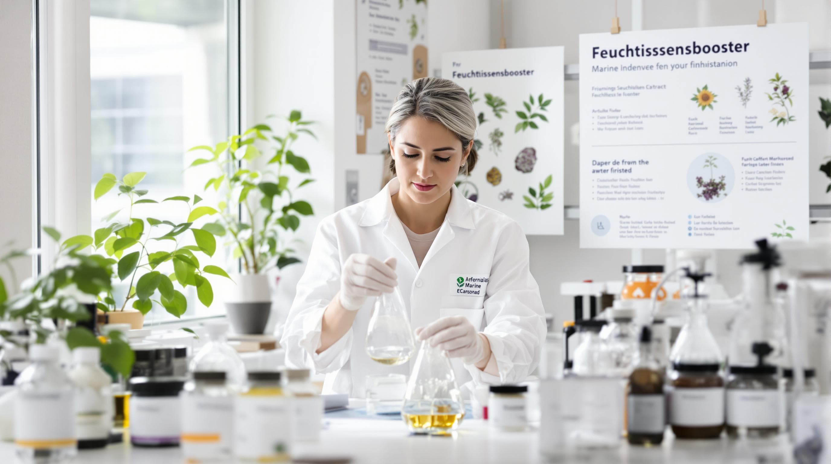 Científico analiza extracto de algas con póster de potenciador de humedad en laboratorio
