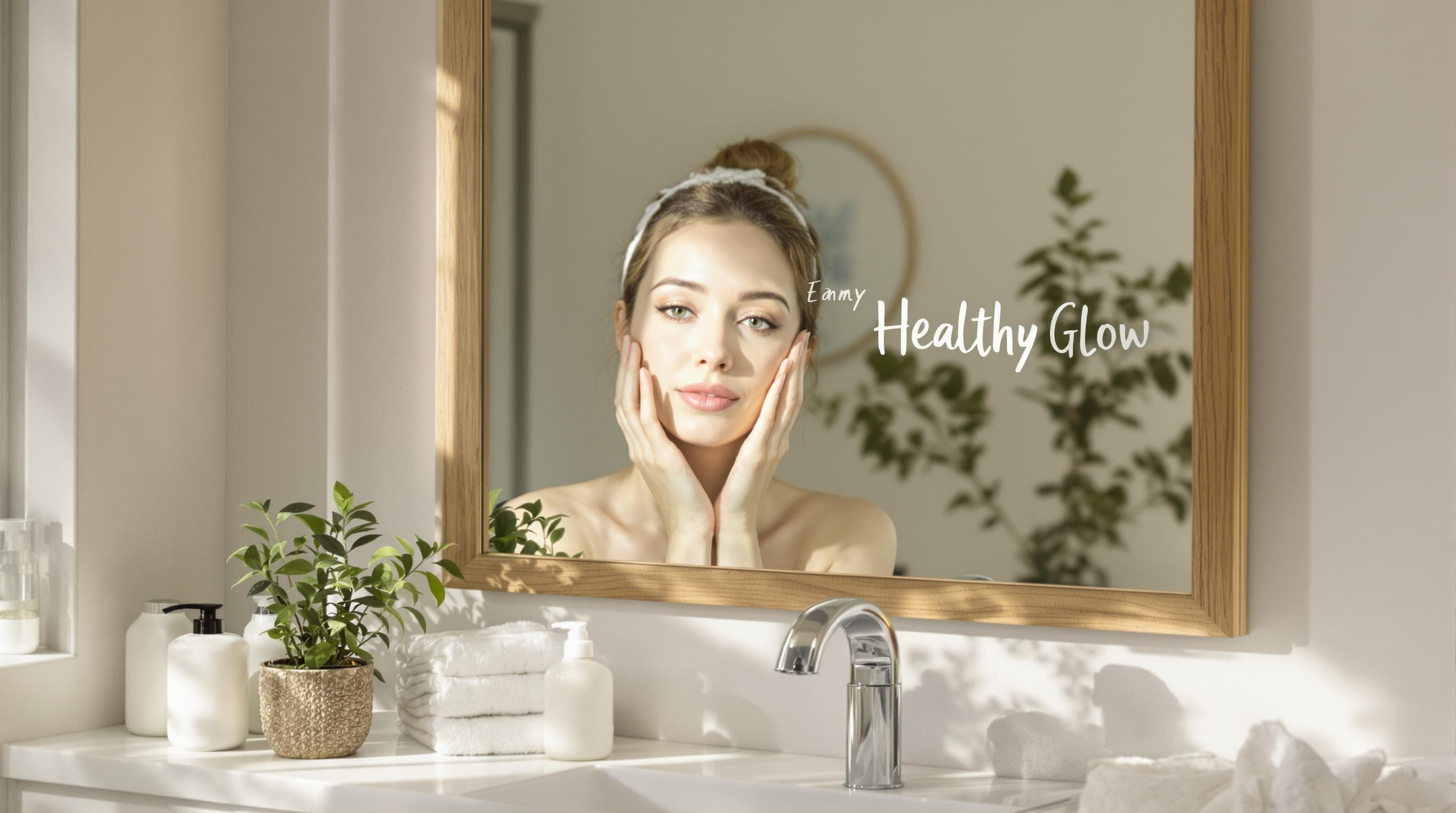 Person admiring radiant, exfoliated skin in sunlit bathroom with healthy glow text