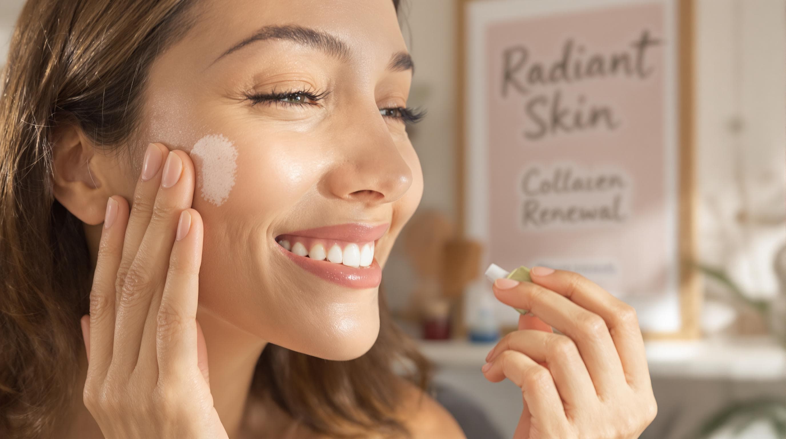 Person applying anti-aging exfoliant for collagen renewal with radiant skin signage