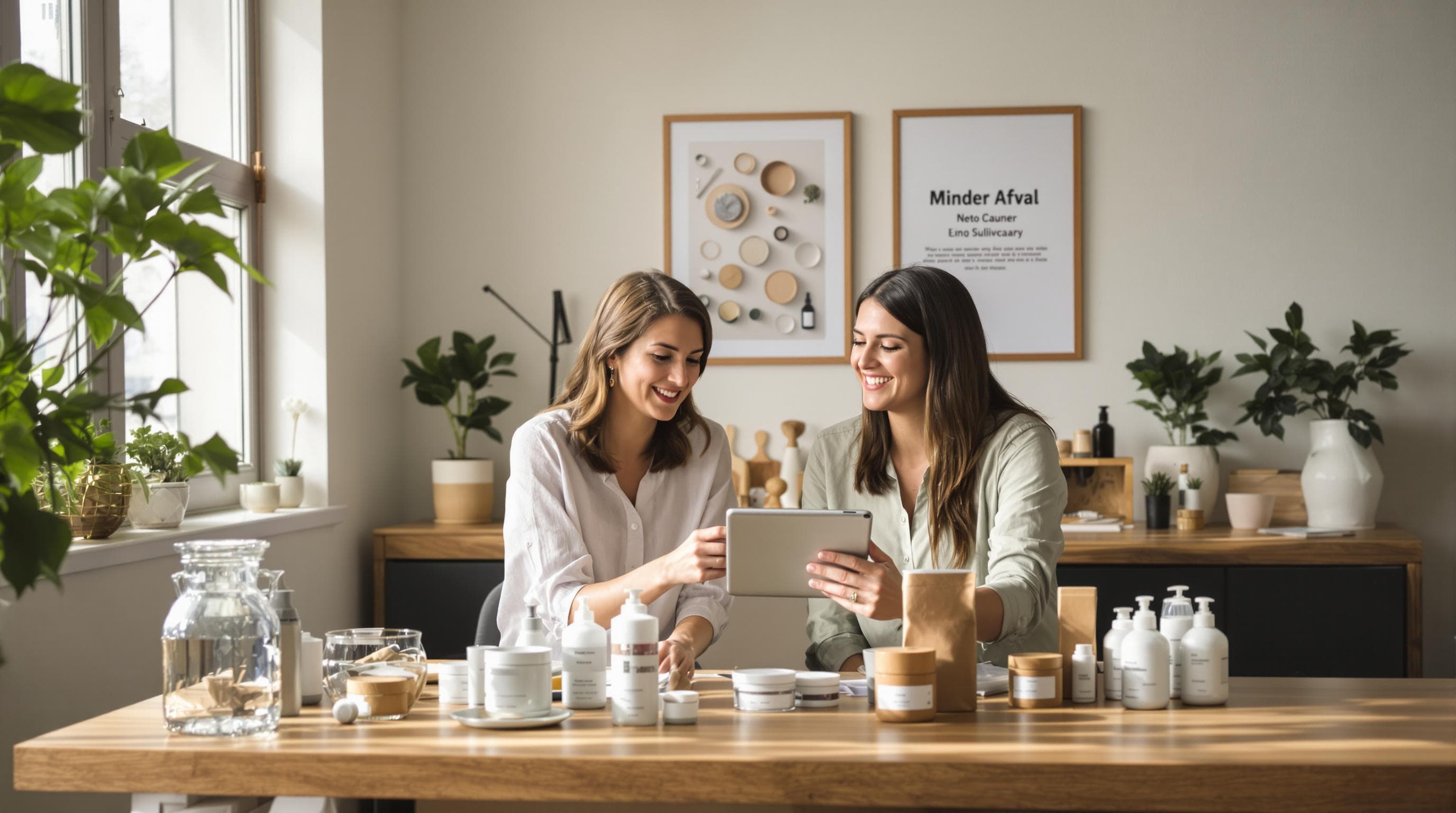 Friends compare sustainable skincare packaging with eco design poster