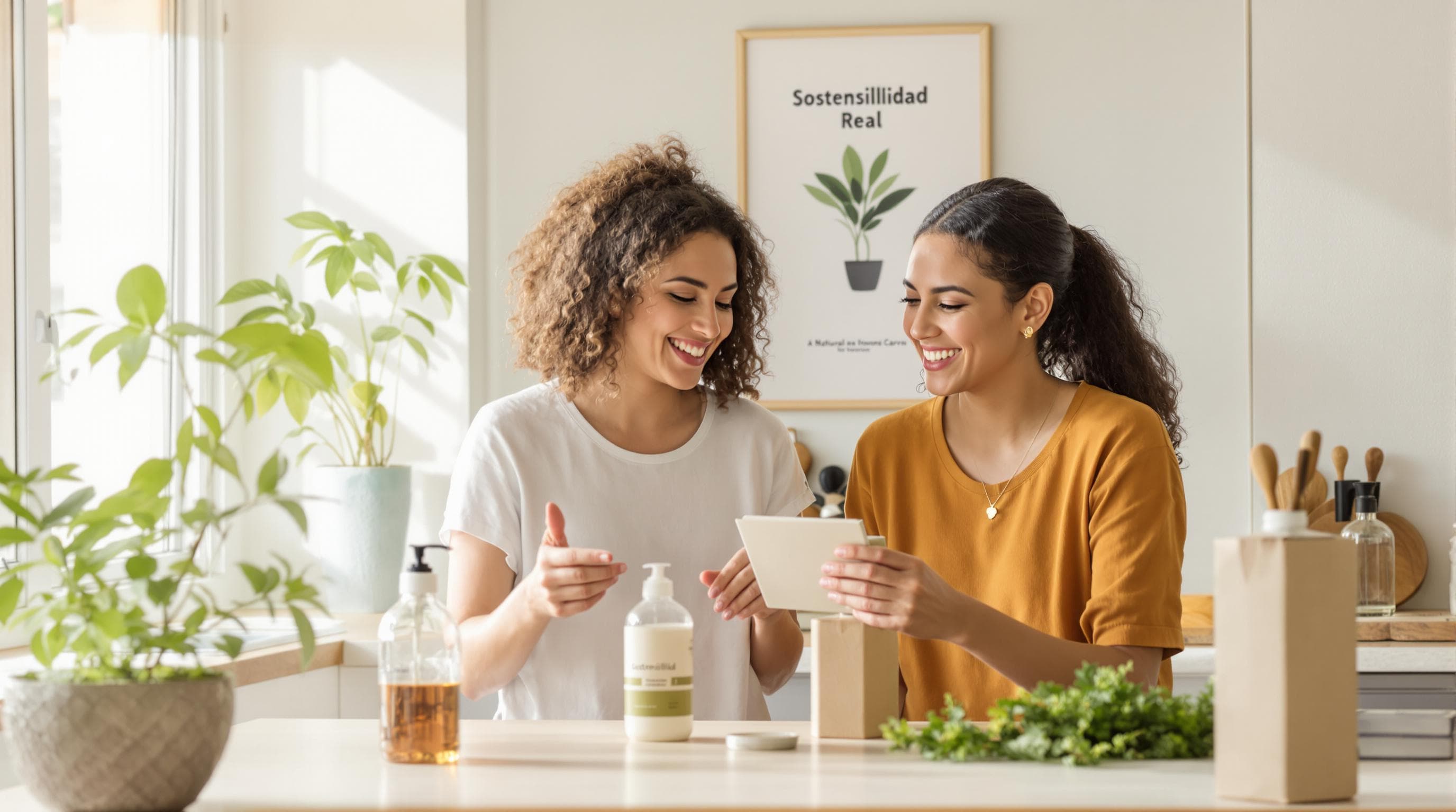 Friends compare eco-friendly hair products at a sunny kitchen table