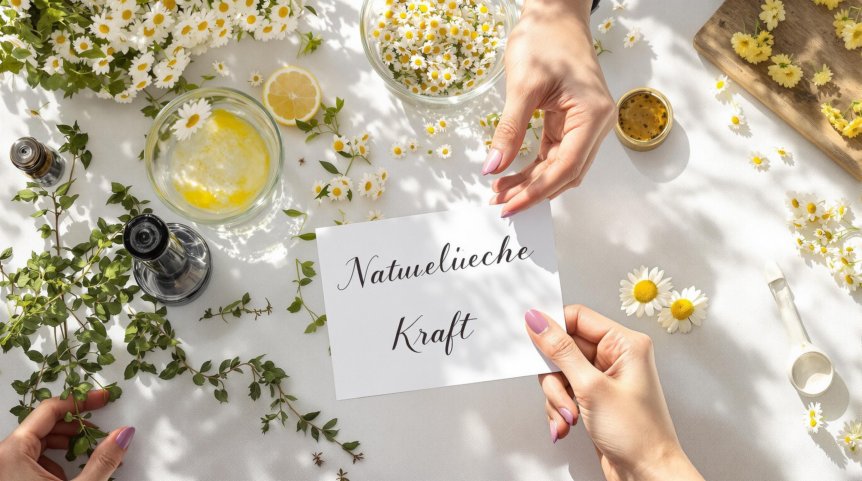 Hands preparing natural skincare with botanicals on kitchen table