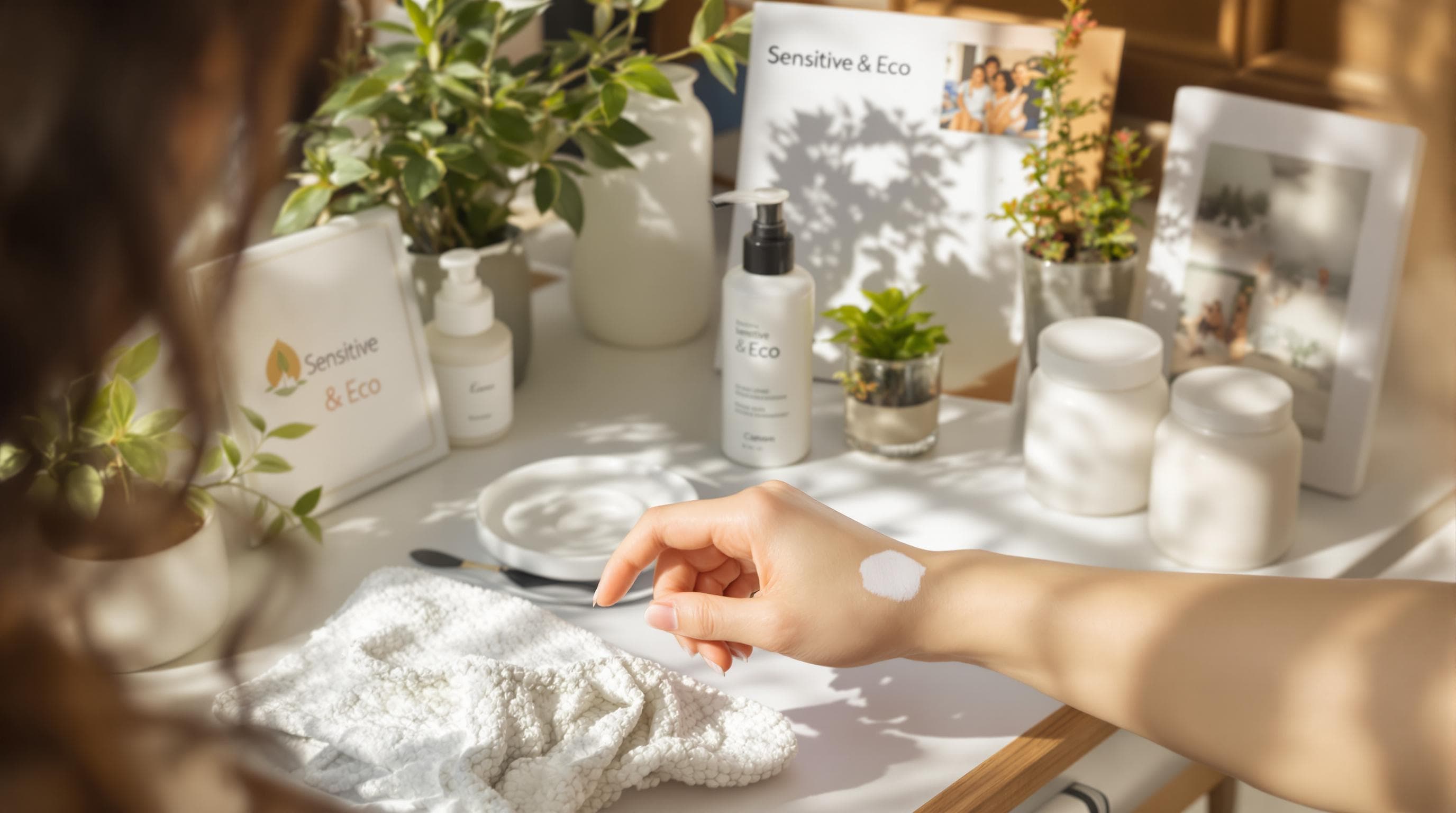 Mujer probando productos ecológicos para piel sensible en una habitación iluminada por el sol