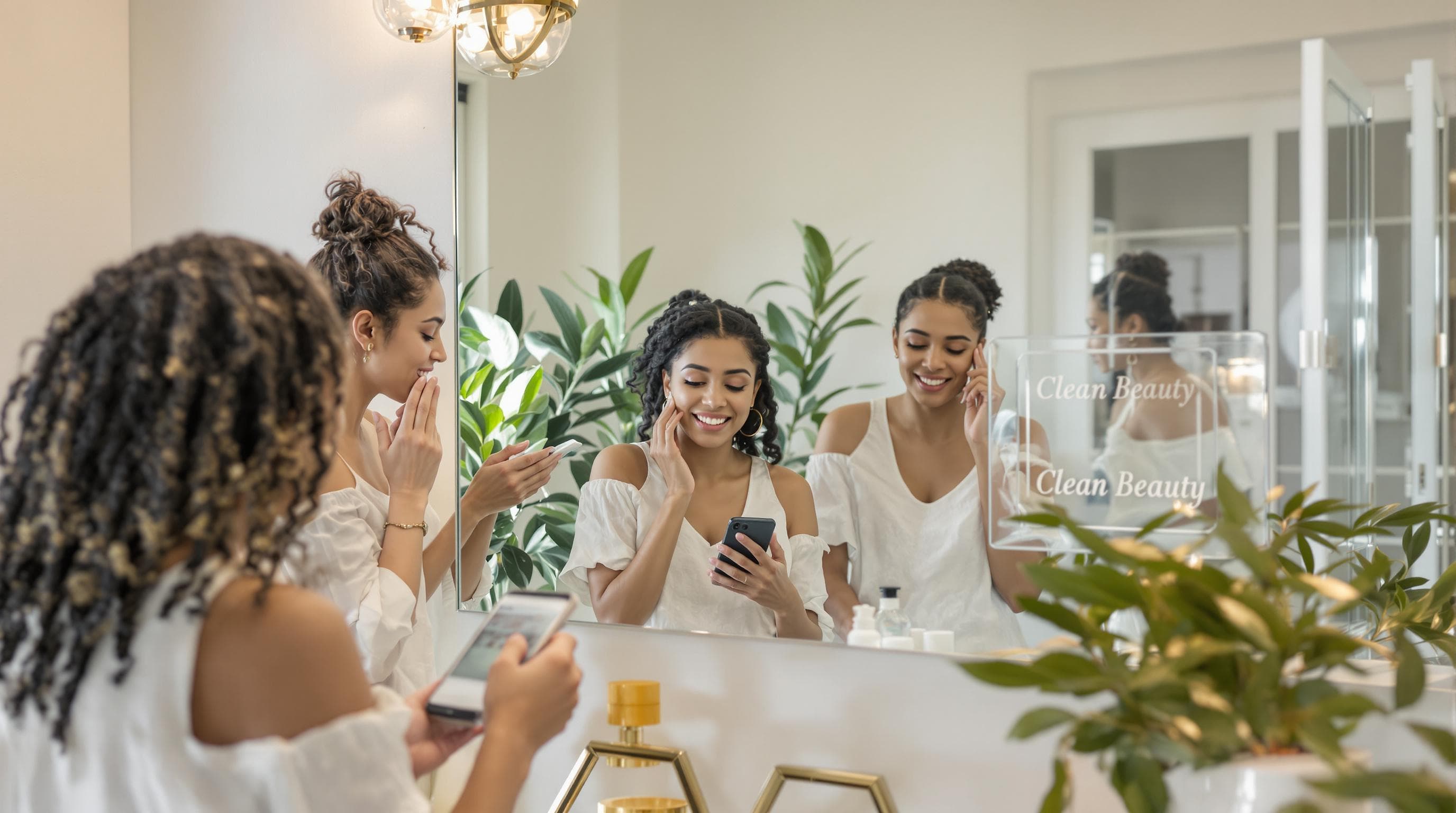 Personas diversas explorando productos para el cuidado de la piel etiquetados como Belleza Limpia en un baño luminoso