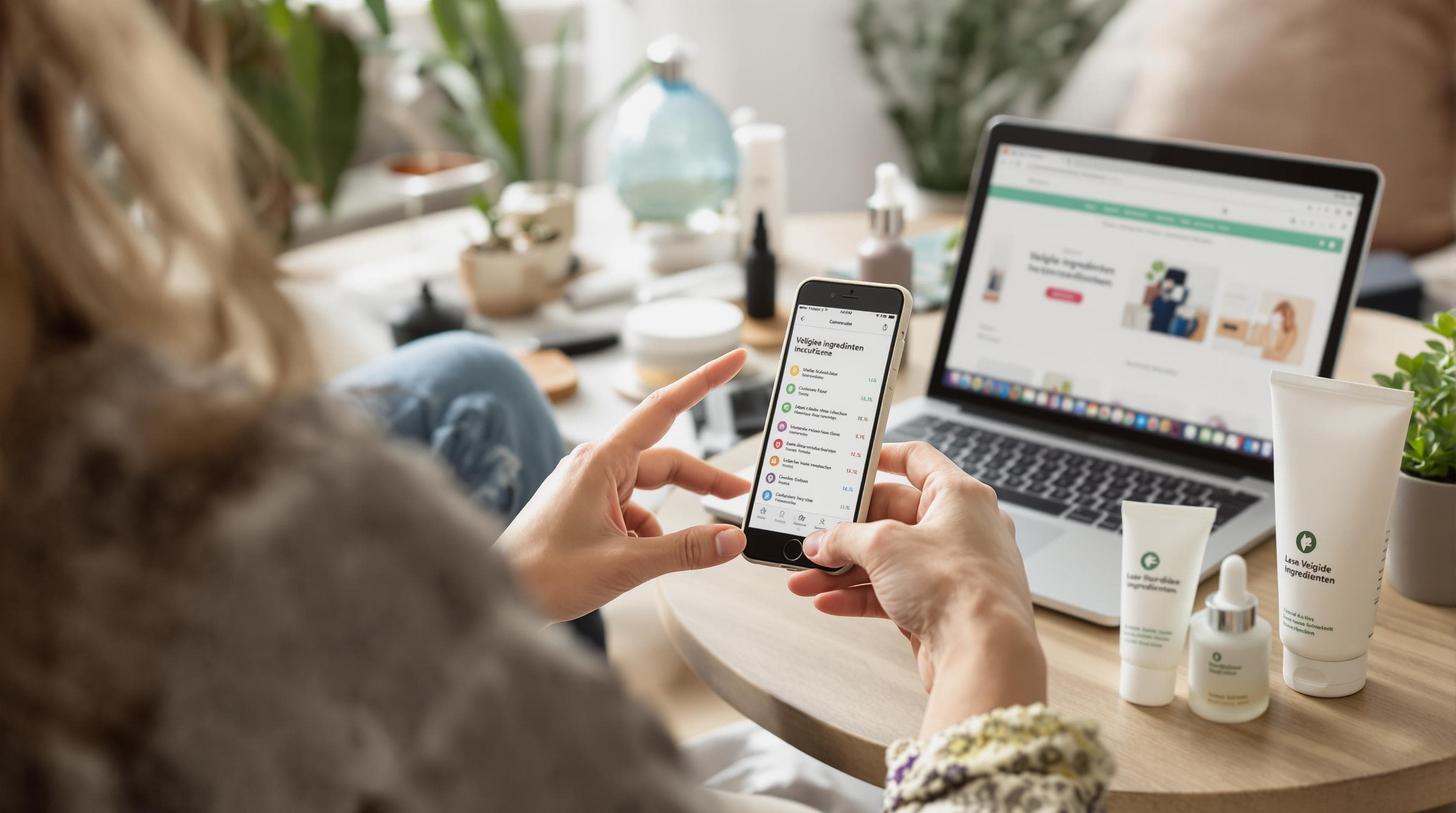Persona escanea productos para el cuidado de la piel en busca de ingredientes seguros usando una aplicación en el teléfono en casa