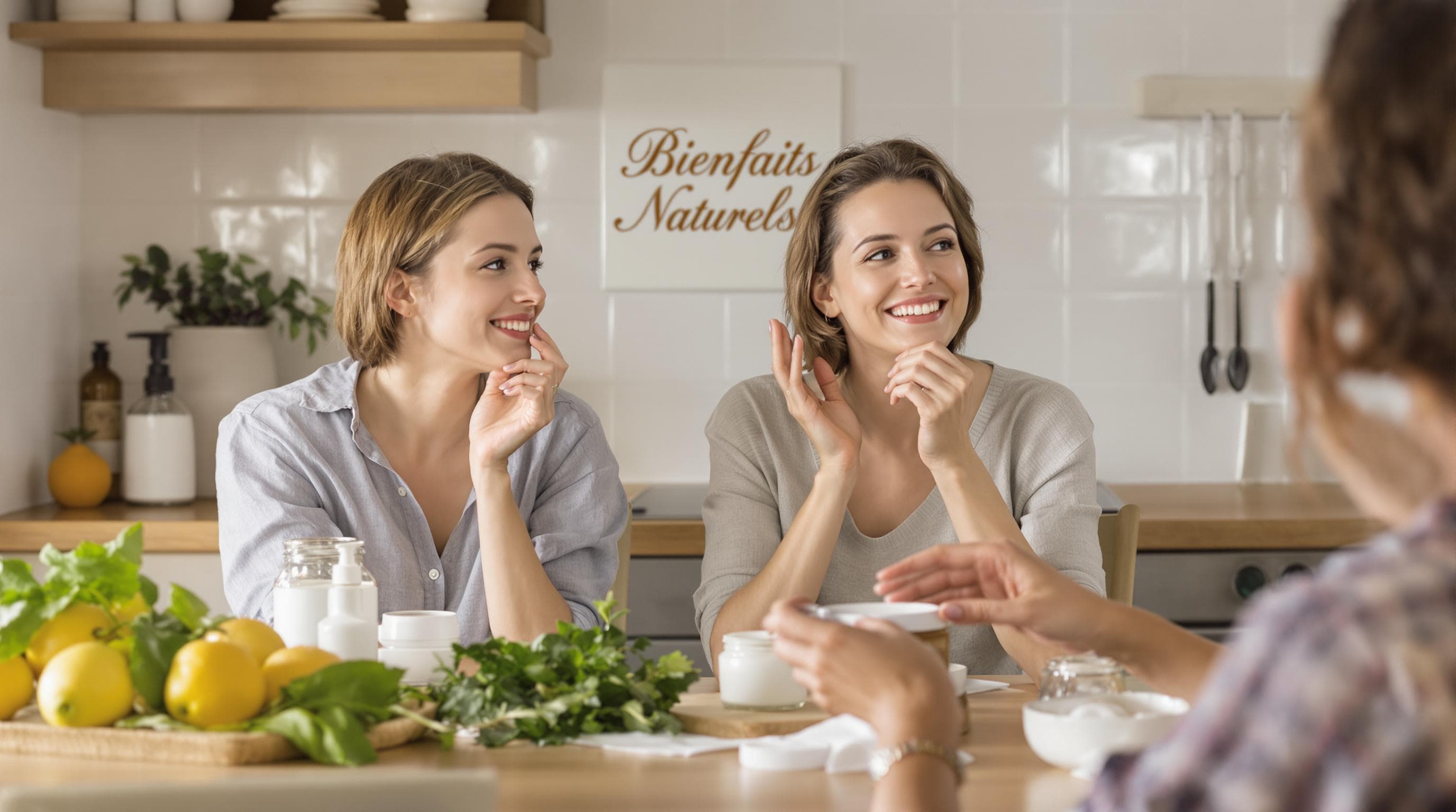 Friends using organic moisturizer at kitchen table with 'Bienfaits Naturels' tile behind.