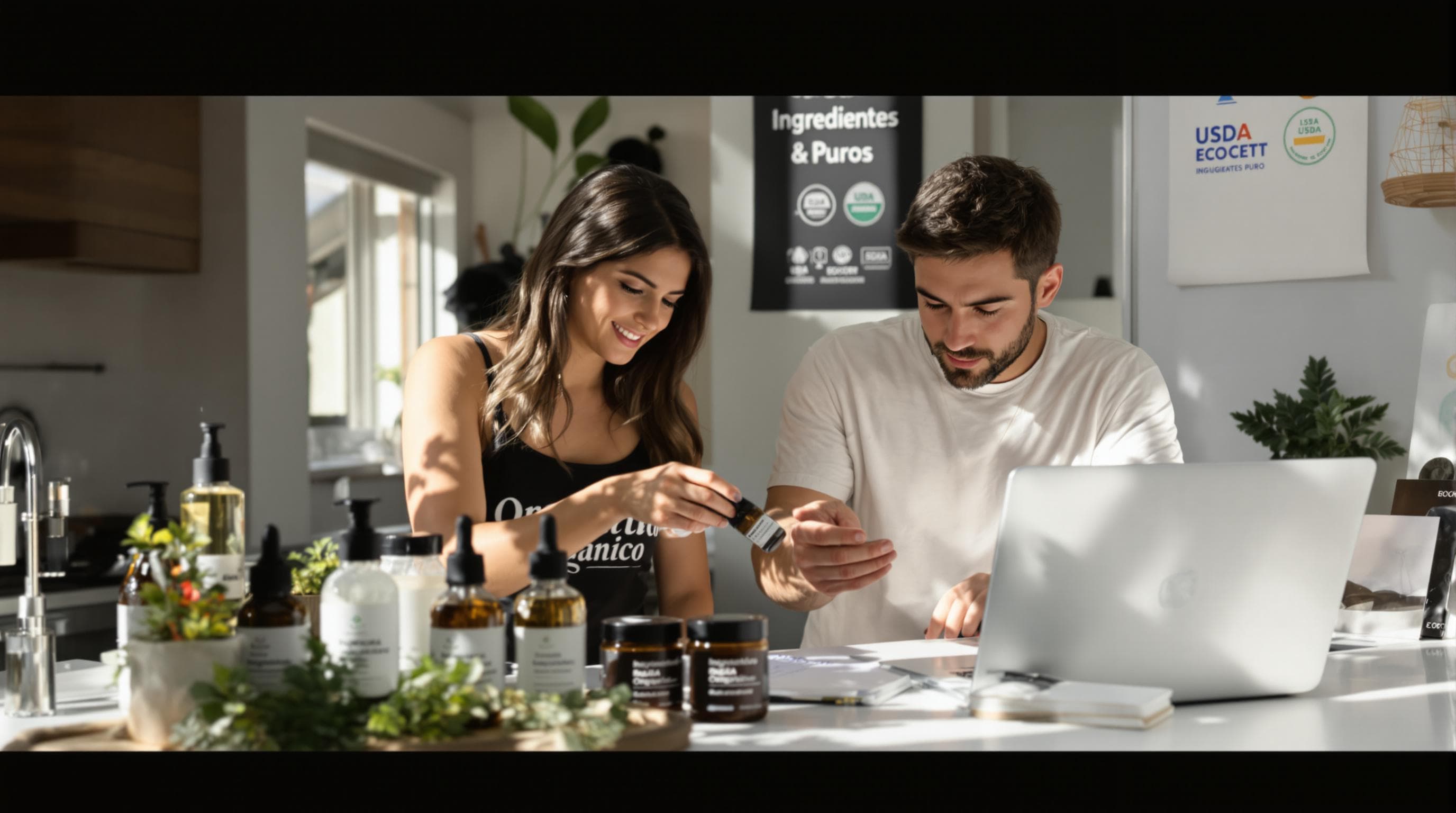 Personas revisan ingredientes y certificaciones de cuidado de la piel en el mostrador con productos