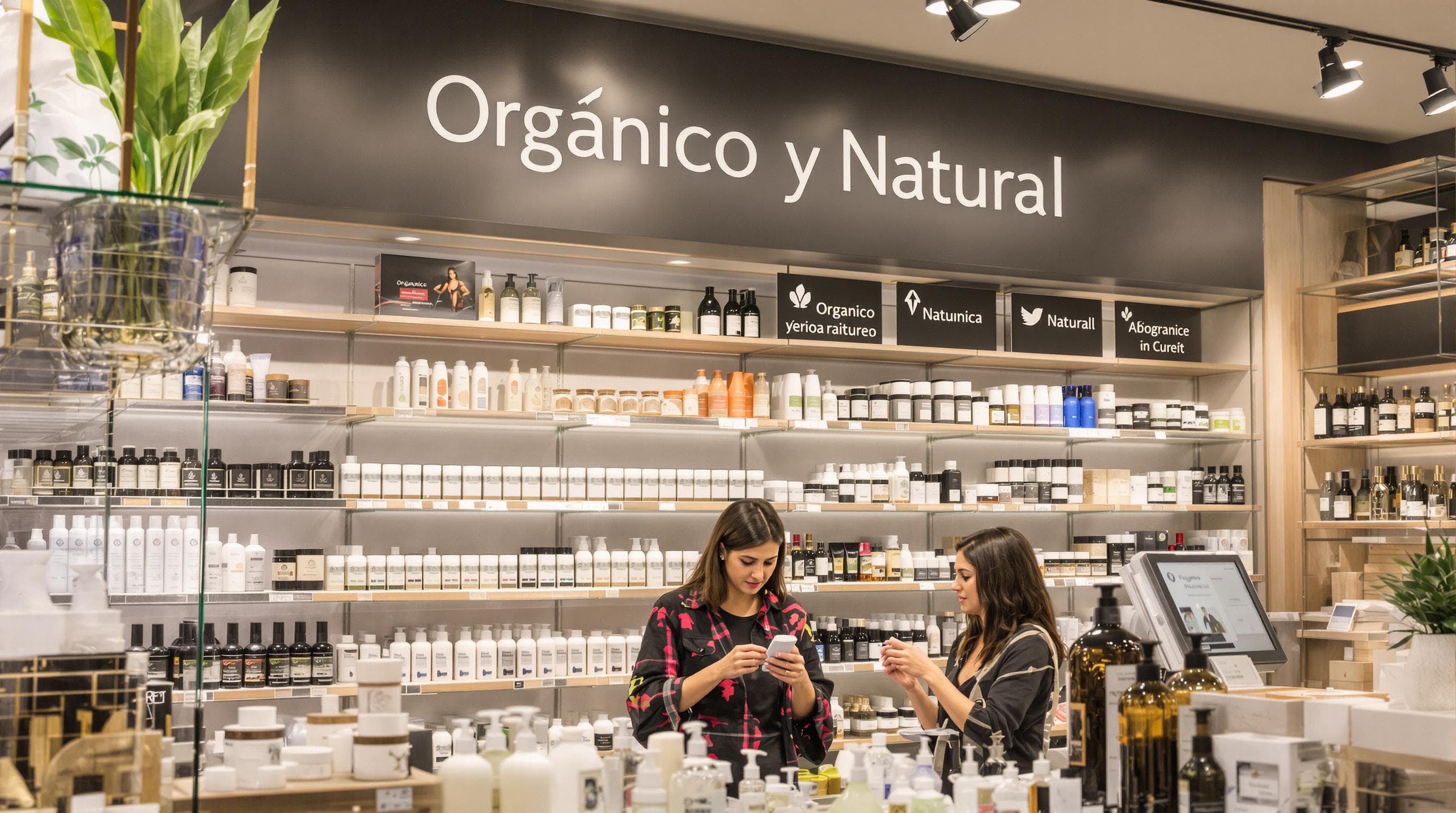 Dos mujeres comparan el cuidado de la piel orgánico y natural en un pasillo bien iluminado de una tienda de belleza
