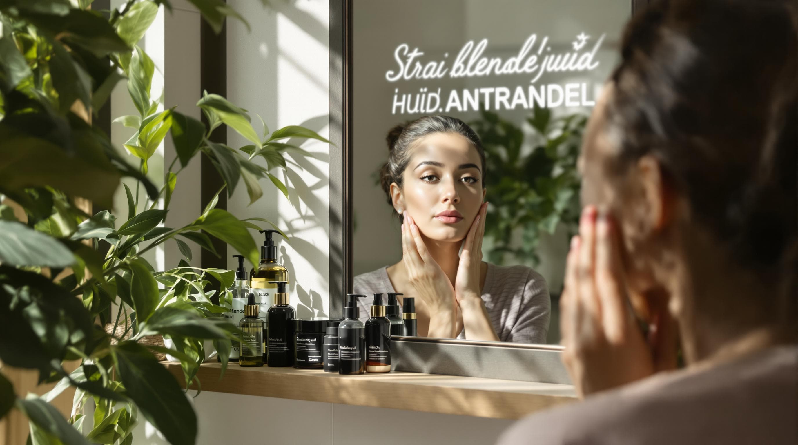 Frau macht Hautpflegeroutine vor dem Spiegel mit Produkten und Pflanzen