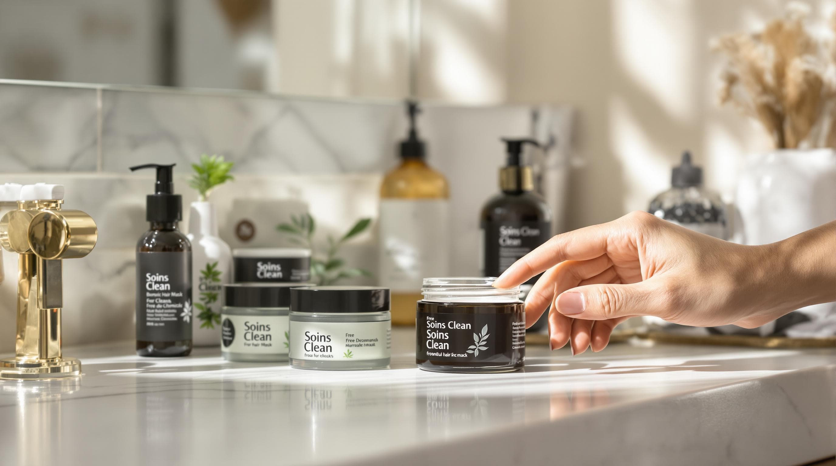 Clean hair care products and hand choosing a sulfate-free option