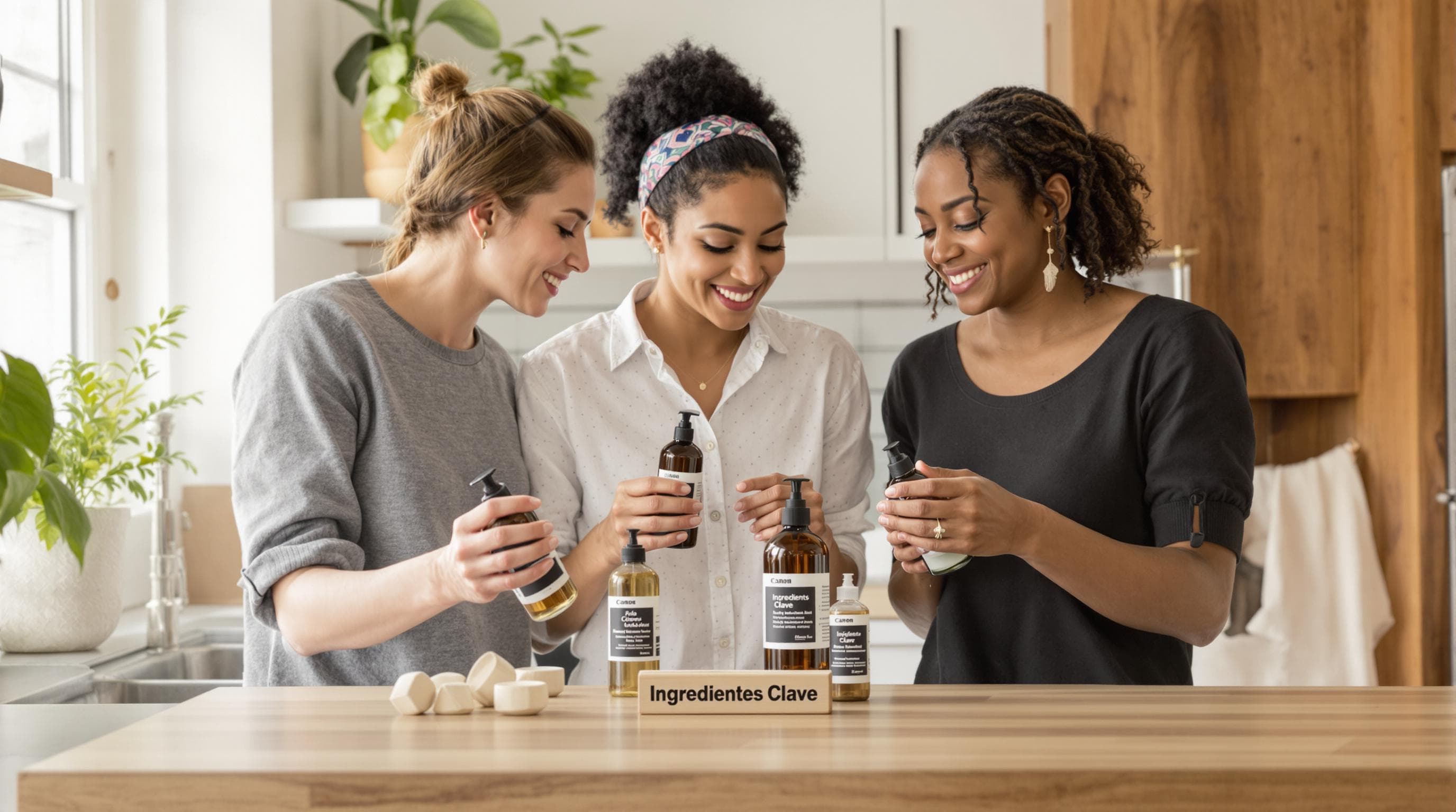 Group of people comparing skin toner ingredients for different skin types with 'Ingredientes Clave' sign.