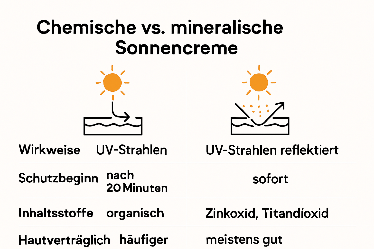 Kemiallisten ja mineraalisten aurinkovoiteiden vertailukaavio
