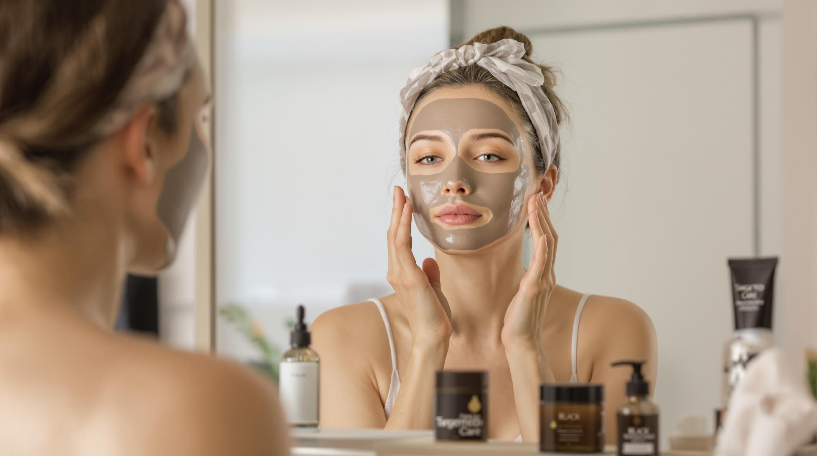 Person applying two types of face masks with Targeted Care label visible