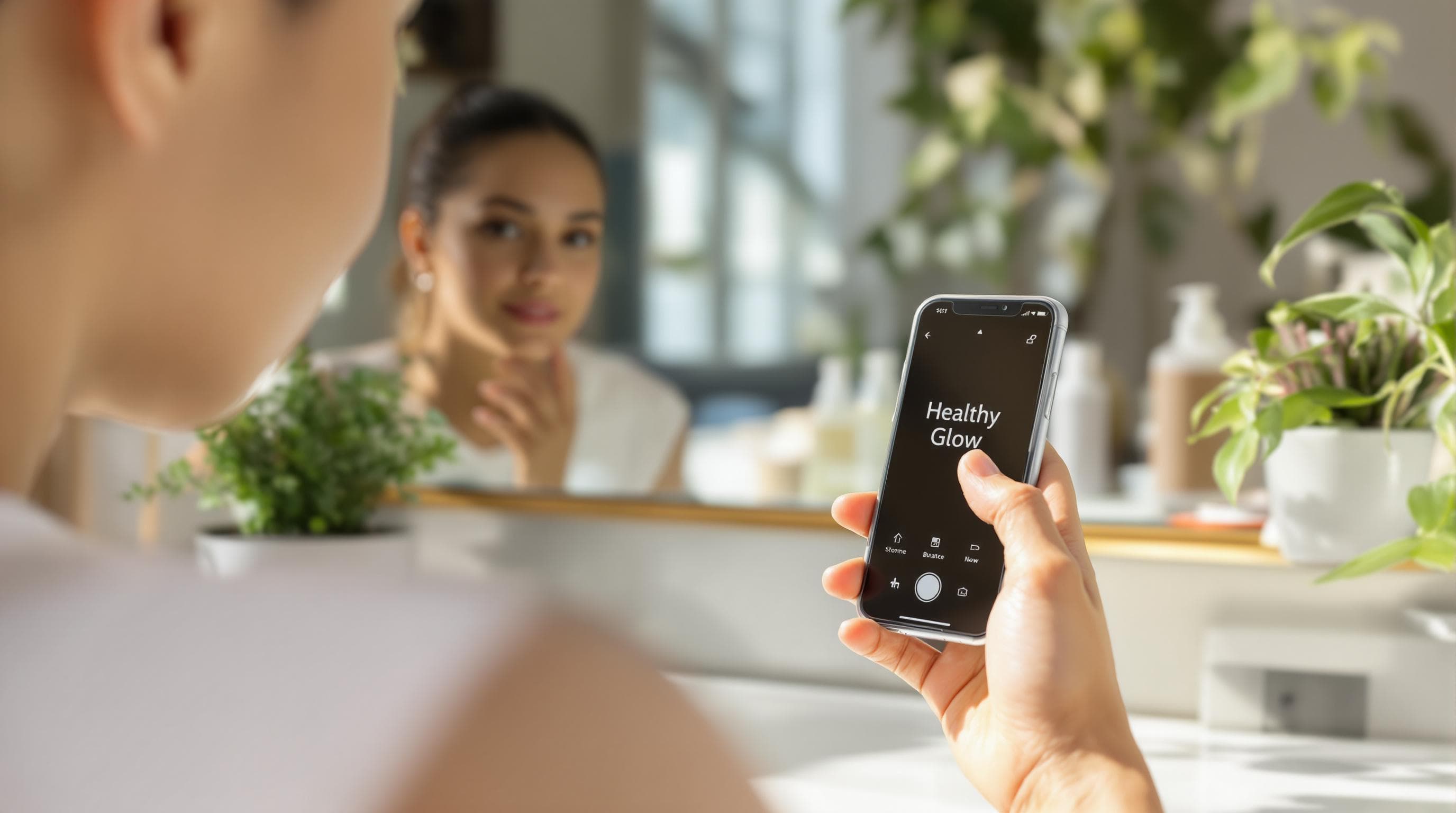 Person uses AI skincare app in sunny room, Healthy Glow text visible
