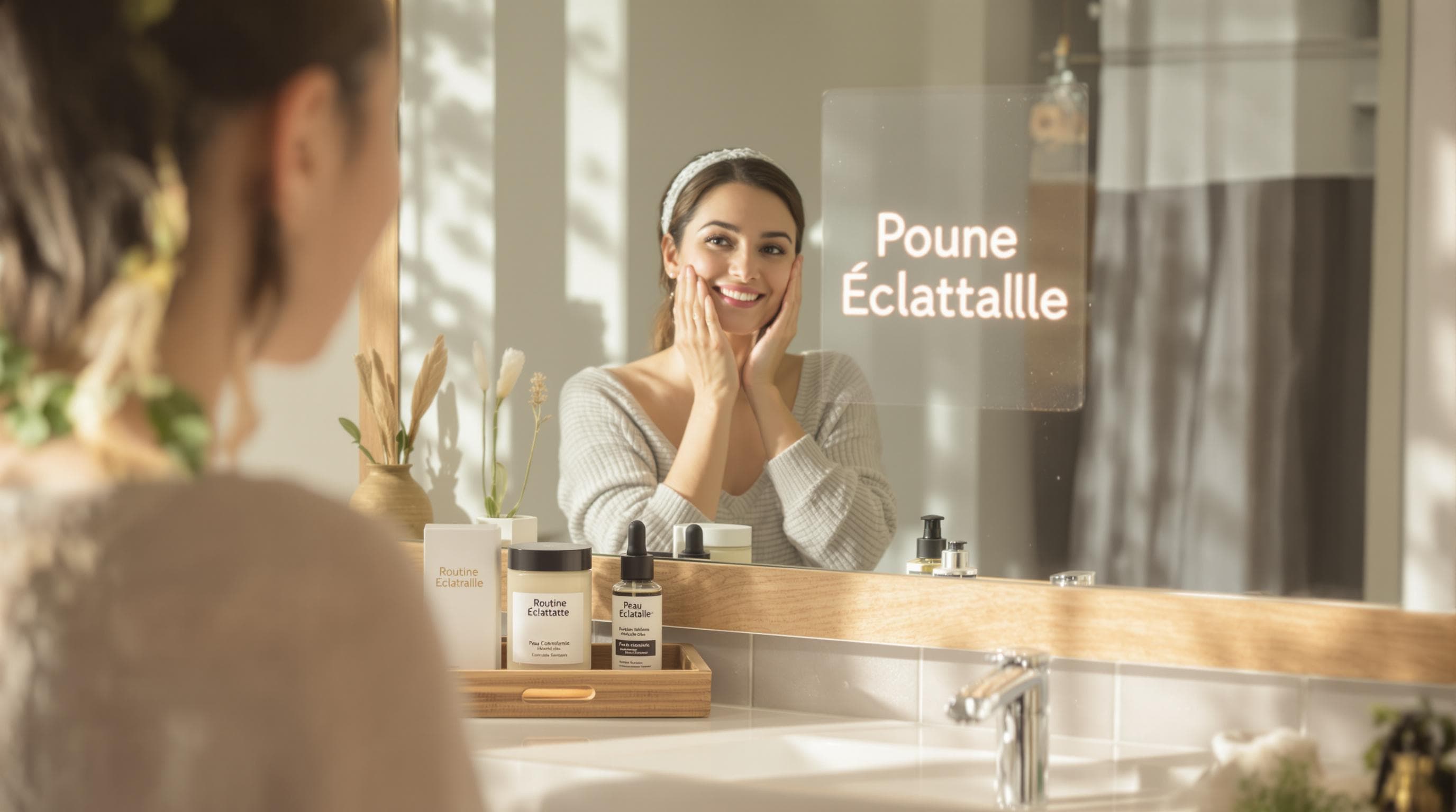 Mujer aplicando hidratante, productos naturales y rutina de piel radiante