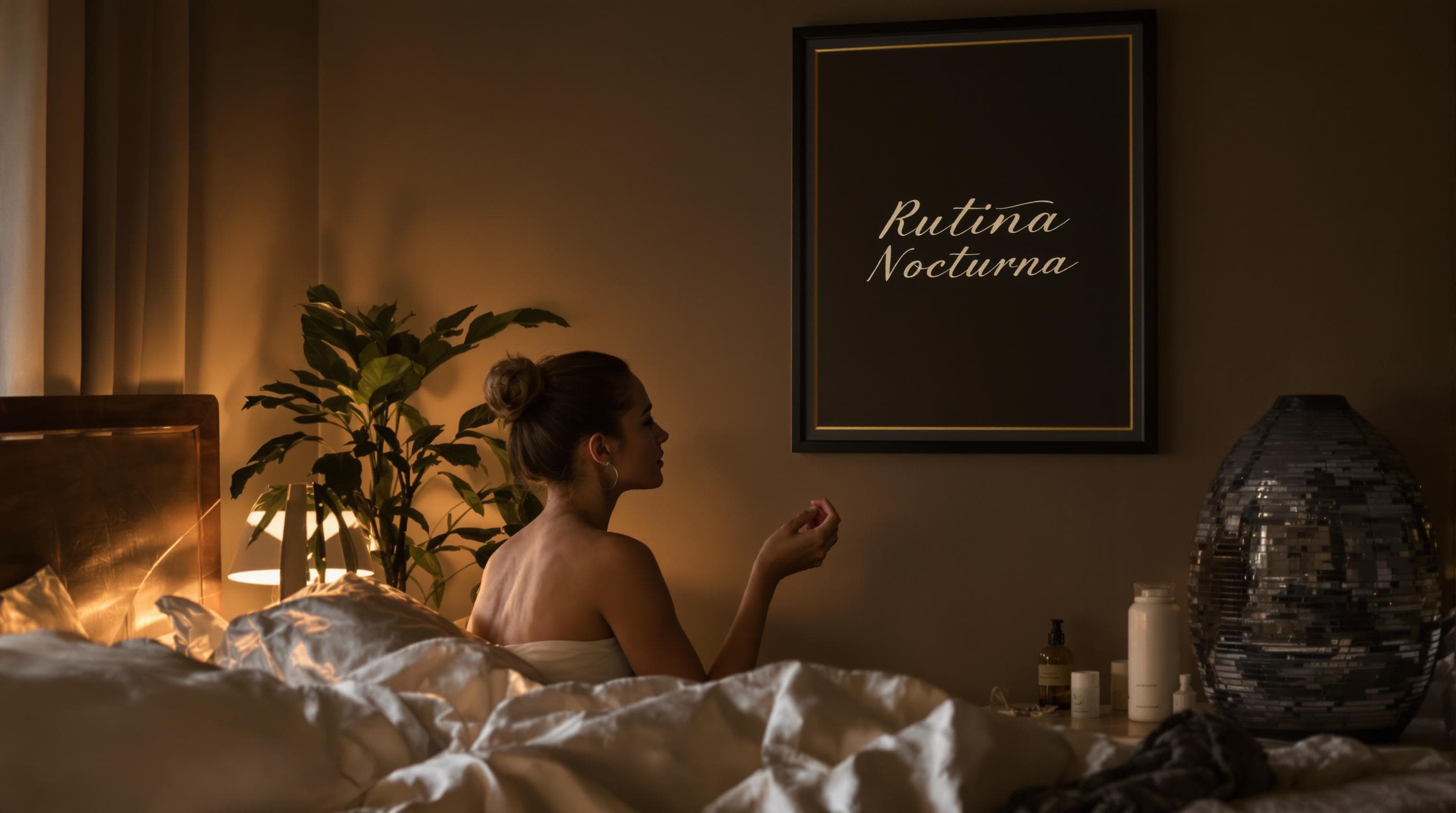 Mujer aplica crema hidratante antes de dormir en un dormitorio relajante, póster de Rutina Nocturna en la pared
