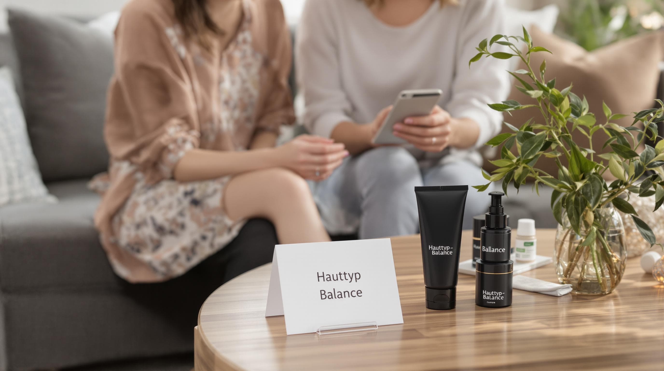 Two women comparing skincare cleansers, with a Hauttyp-Balance card