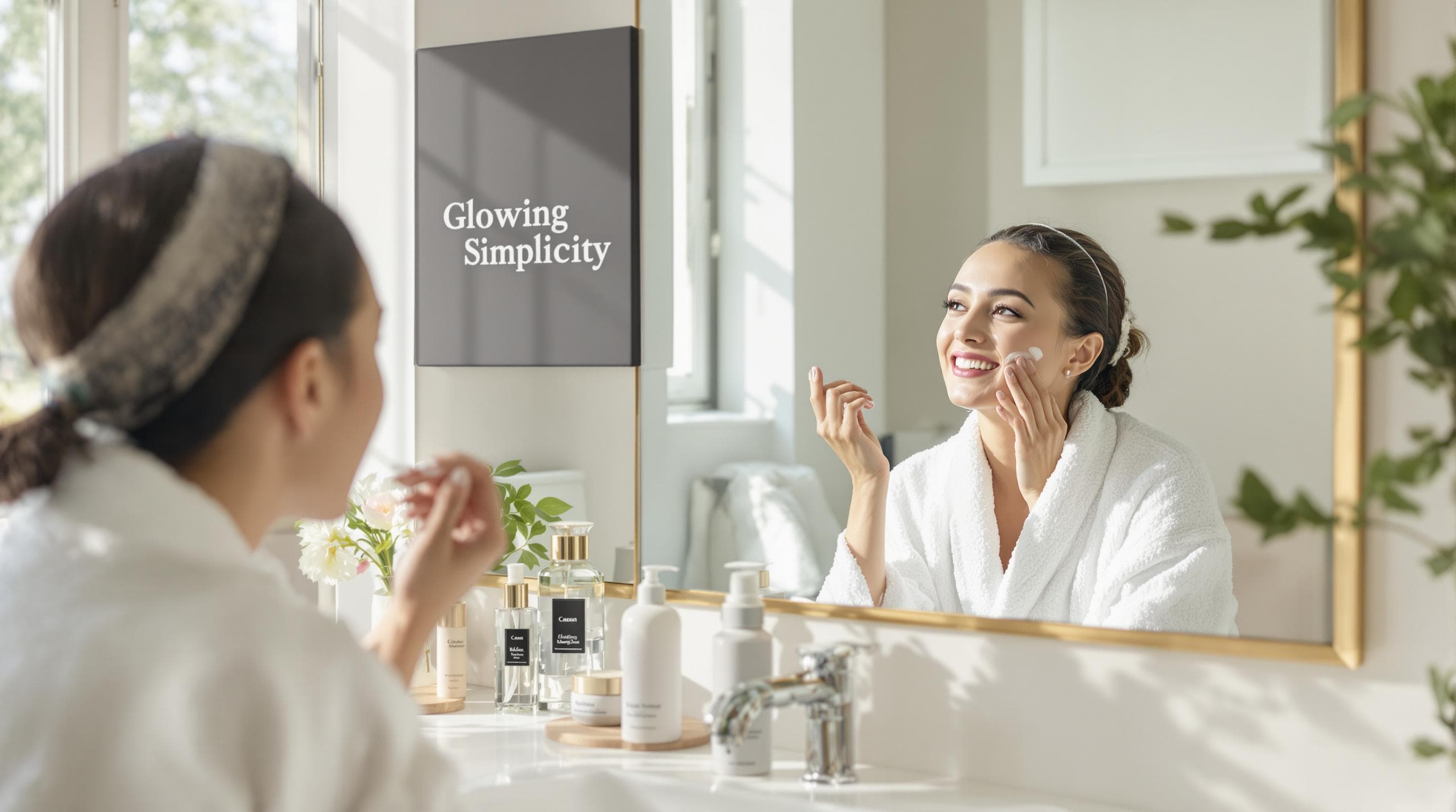 Persona aplicando cuidado de la piel simple en un baño luminoso, productos visibles