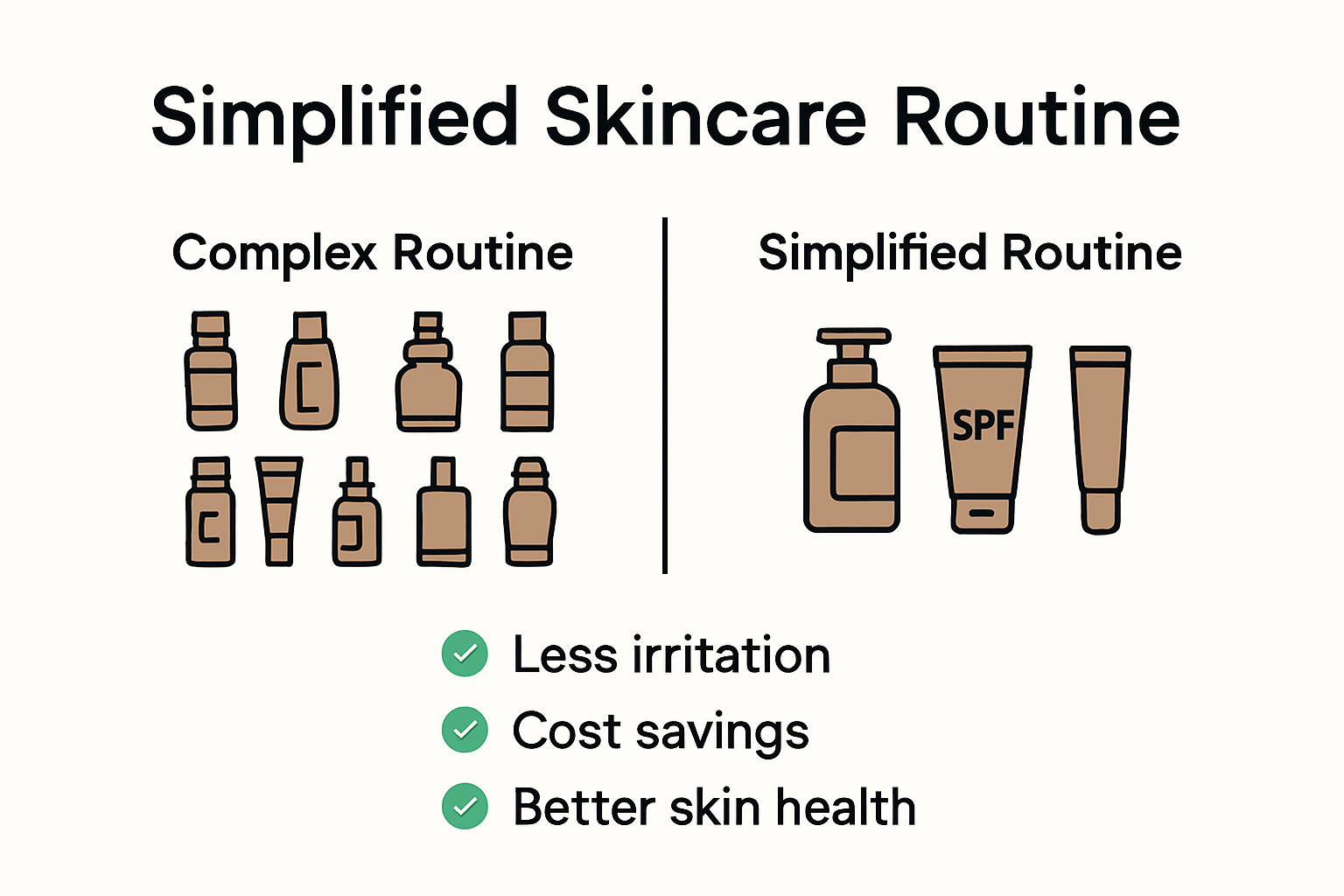 Infografía que compara rutinas de cuidado de la piel complejas y simplificadas