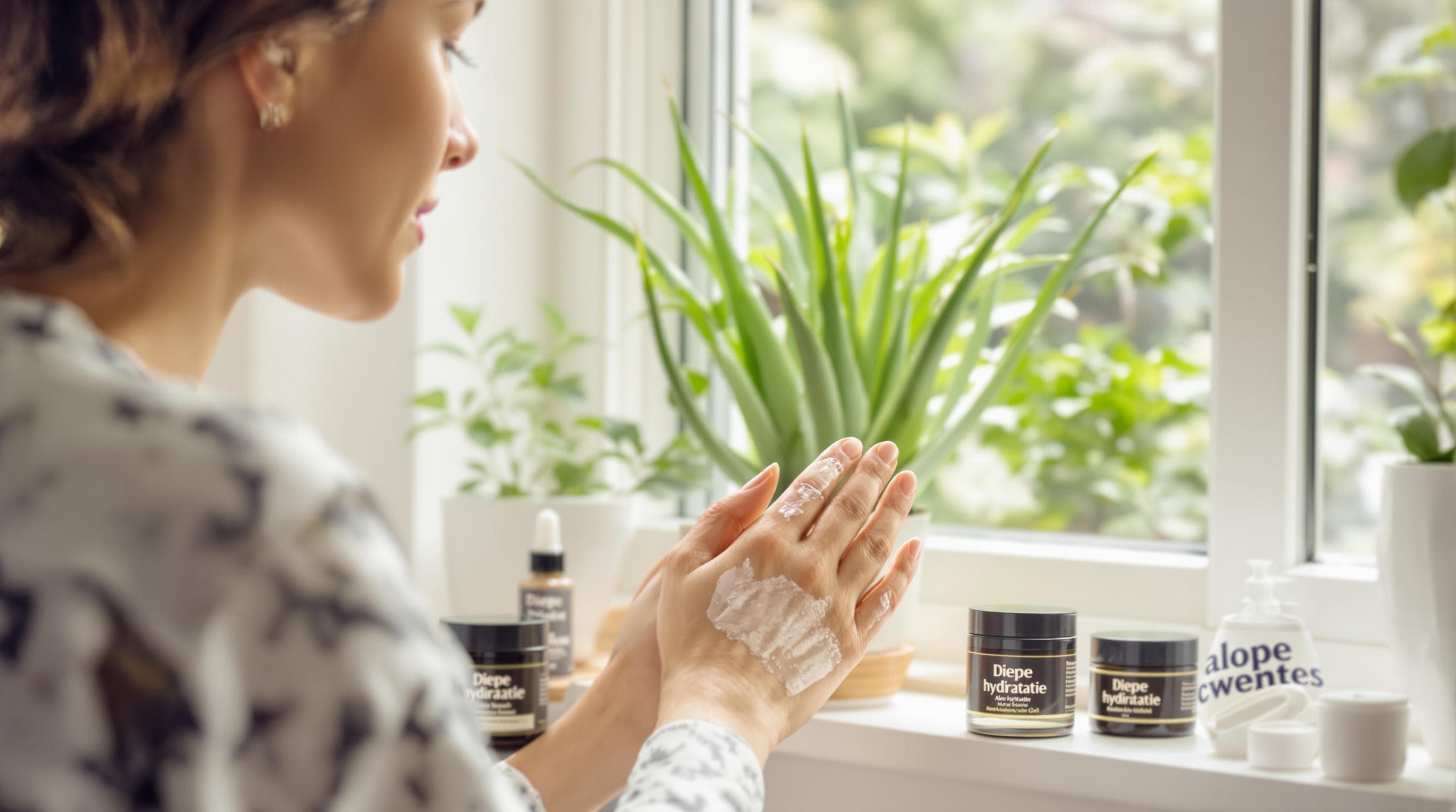 Mujer aplica gel de aloe, 