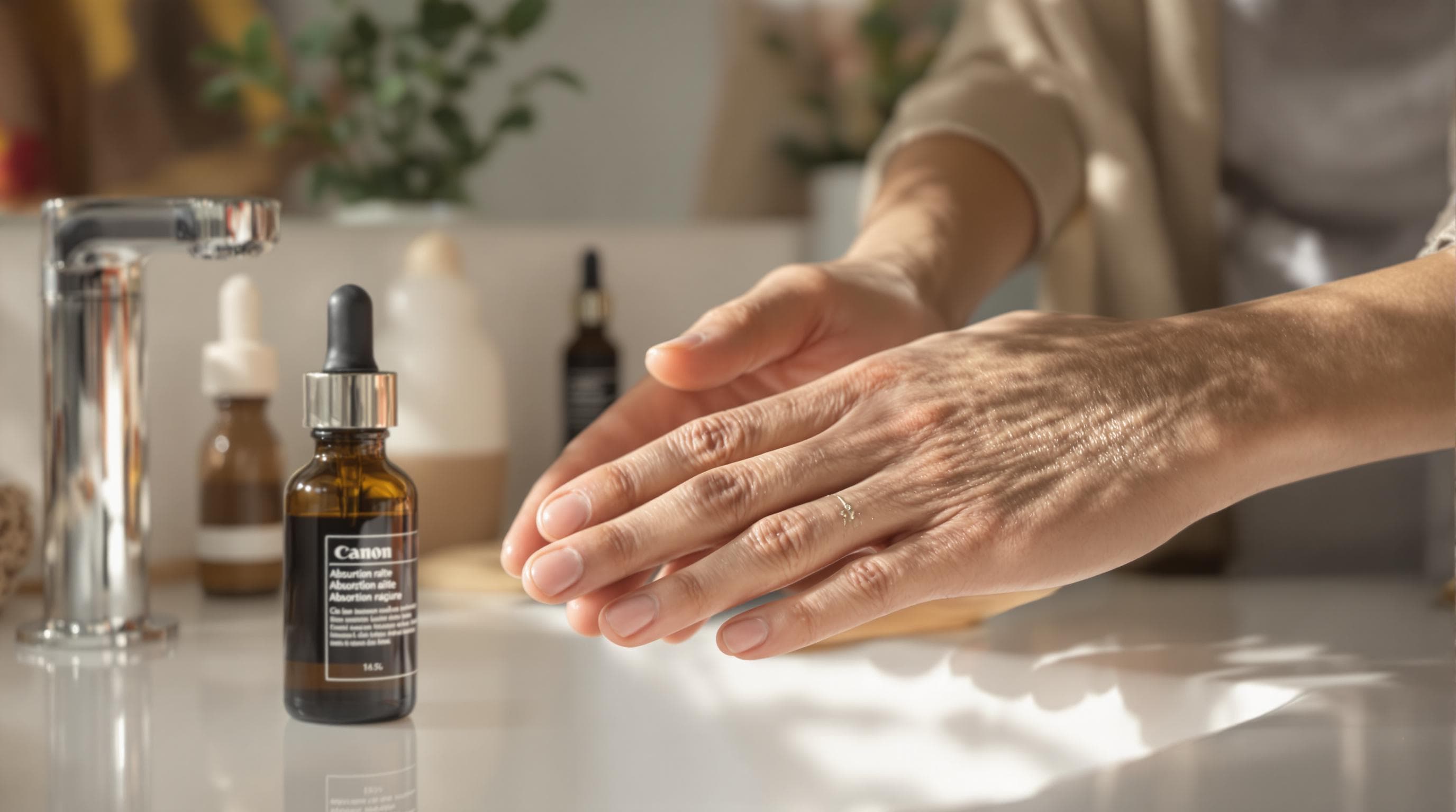 Hands pressing serum into face showing rapid absorption concept