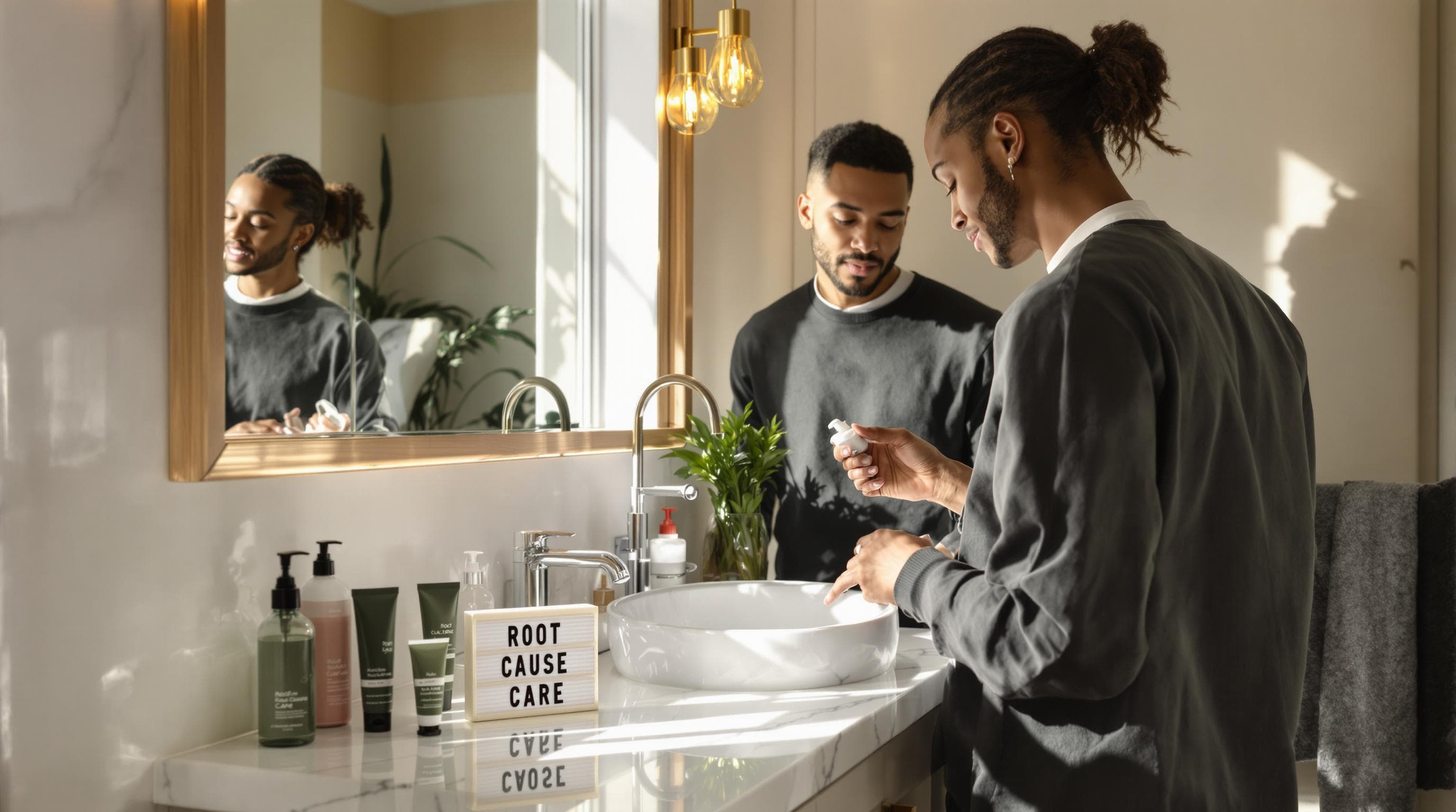 Couple practicing holistic skincare, reading labels, with 'Root Cause Care' sign