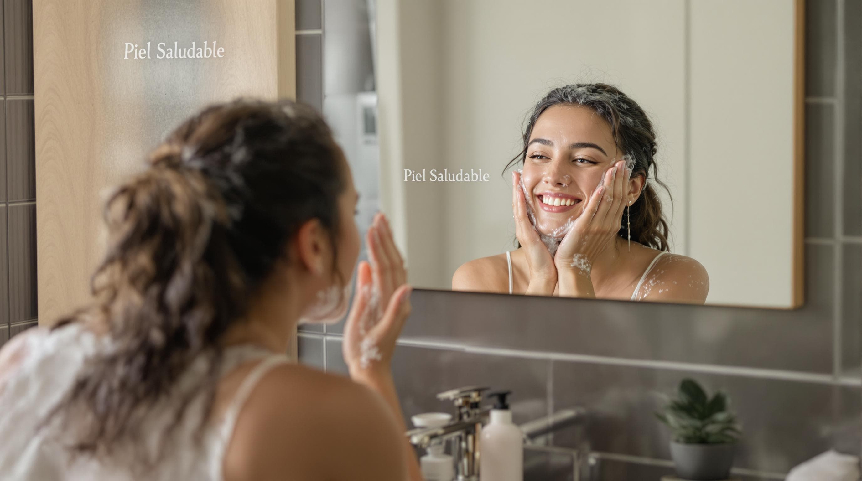 Person, die sich im hellen Badezimmer das Gesicht wäscht mit gesunden Hautpflegeprodukten