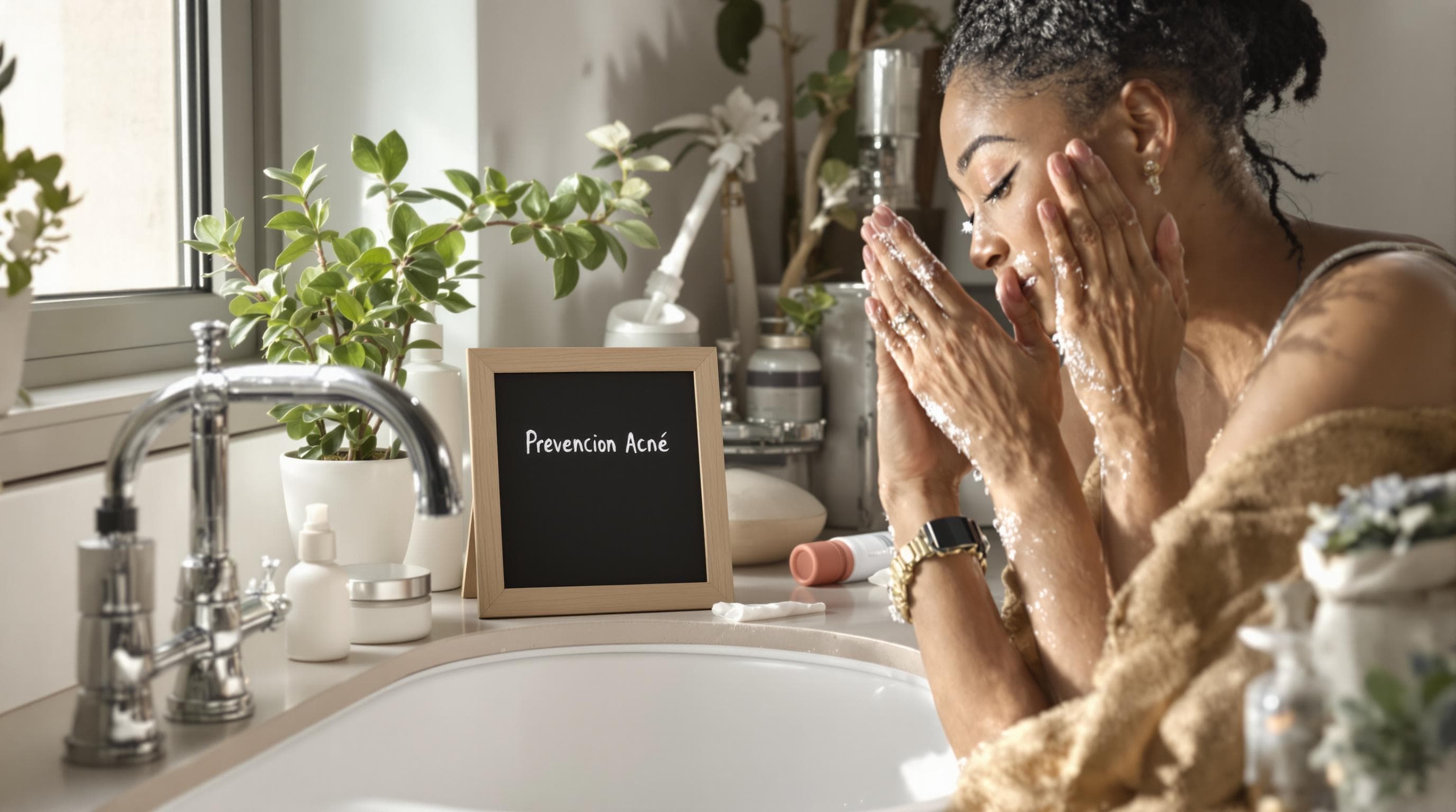 Woman gently cleansing face with anti-acne products in bathroom