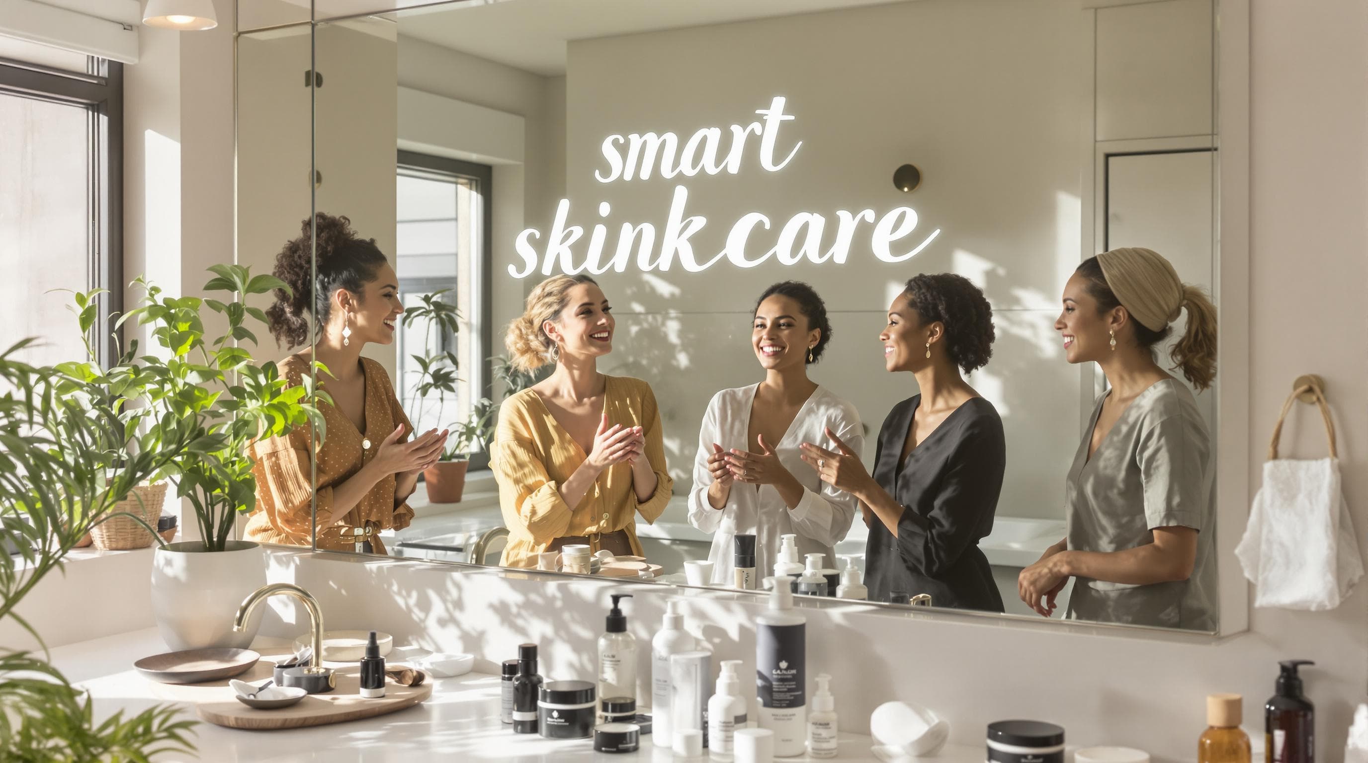 Mujeres usando productos de cuidado de la piel multiuso en un baño luminoso y minimalista