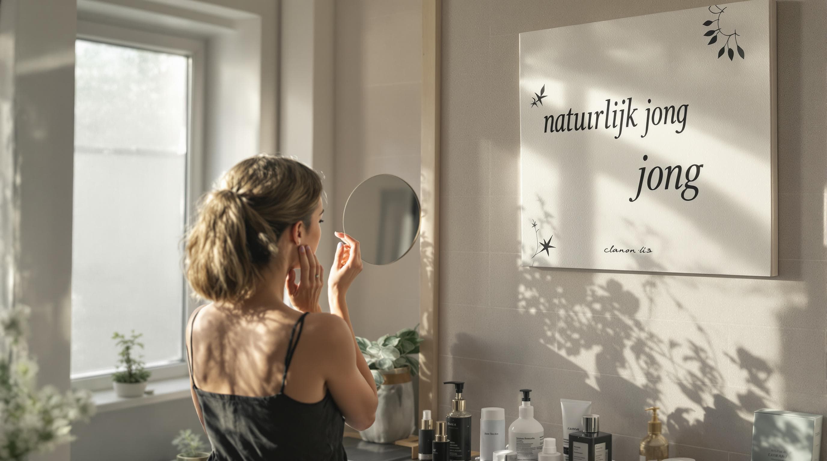Woman applies natural skincare in sunlit bathroom highlighting youthful routine