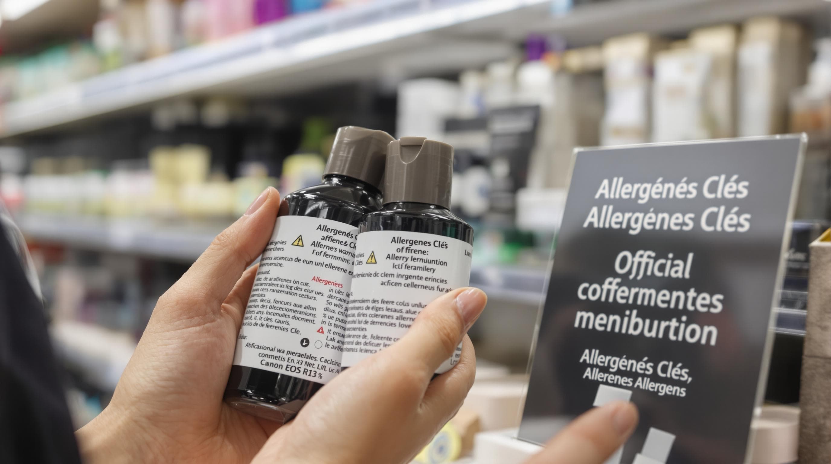 Hands holding cosmetic bottles, checking allergen labels in store