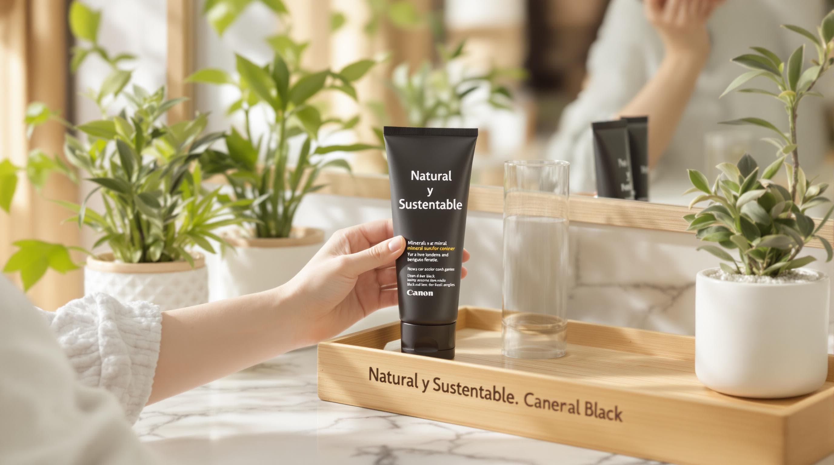 Hands hold mineral sunscreen, eco products labeled 'Natural y Sustentable'