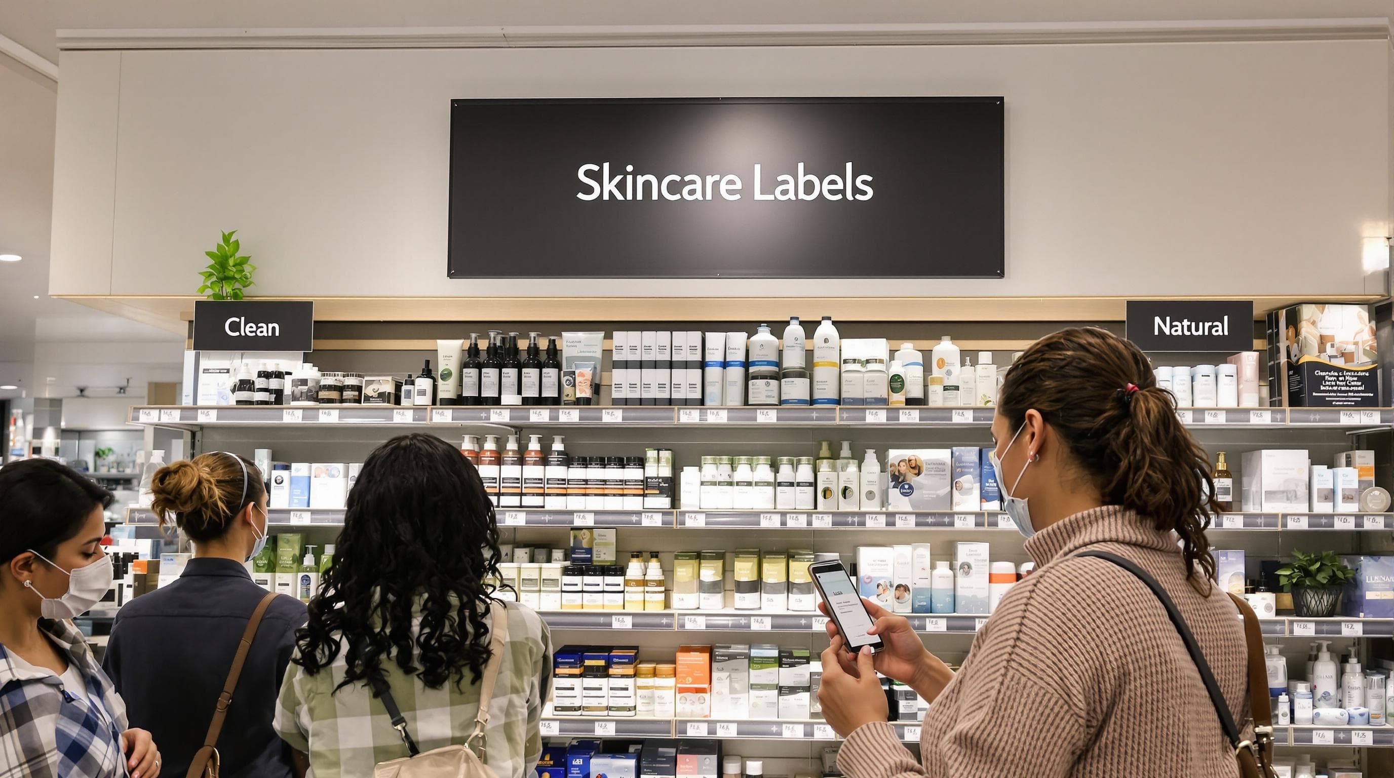 Shoppers reading skincare labels in a bright beauty store