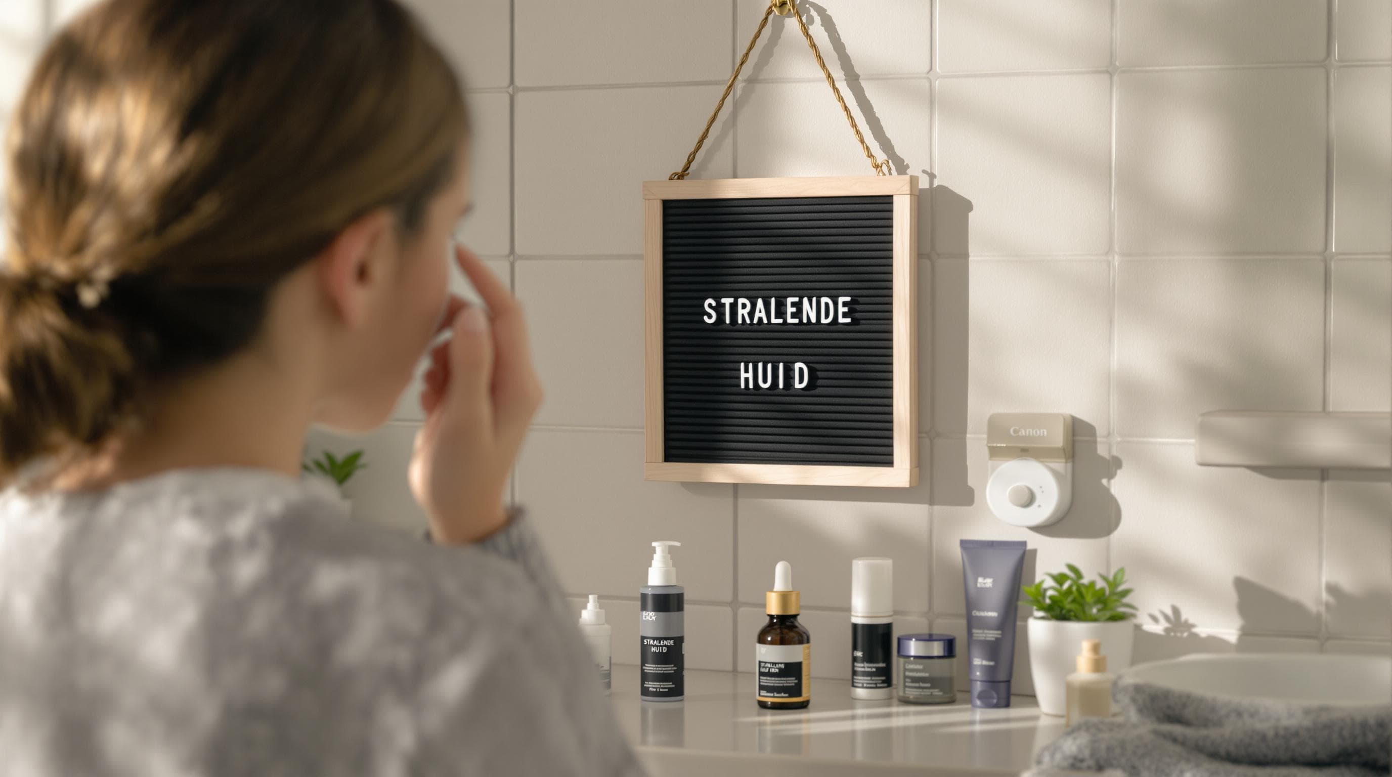 Young person applying skincare in morning with radiant skin message visible