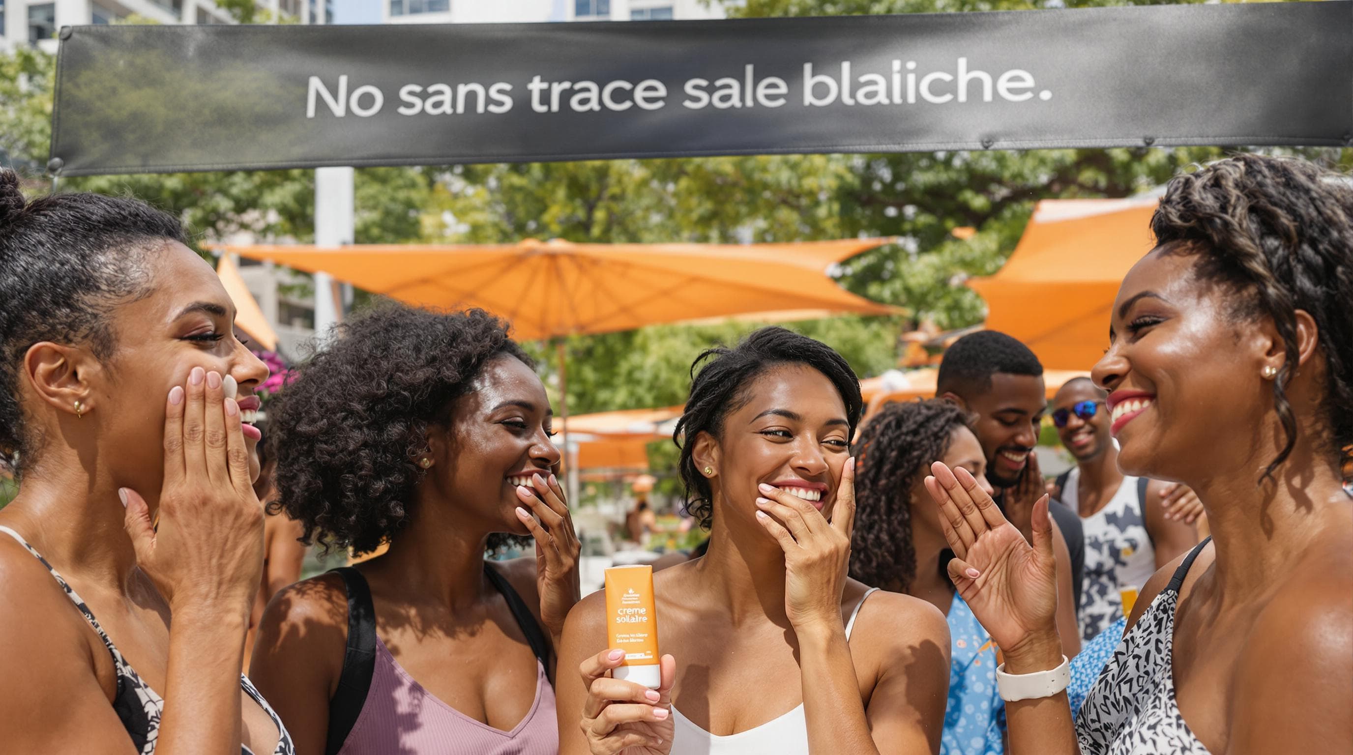 Diverse group applying sunscreen without white marks outdoors
