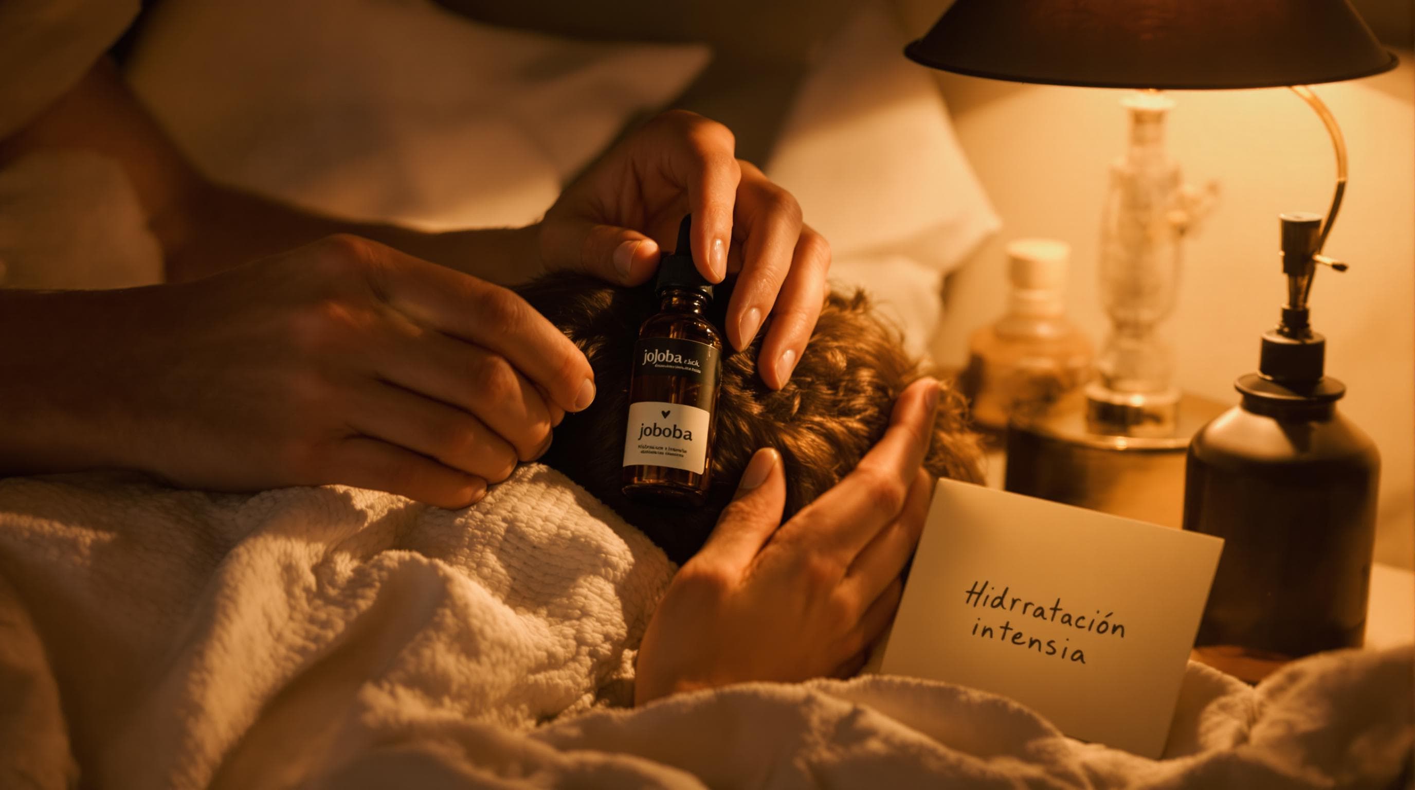 Manos masajeando aceite de jojoba en el cuero cabelludo en un dormitorio acogedor por la noche