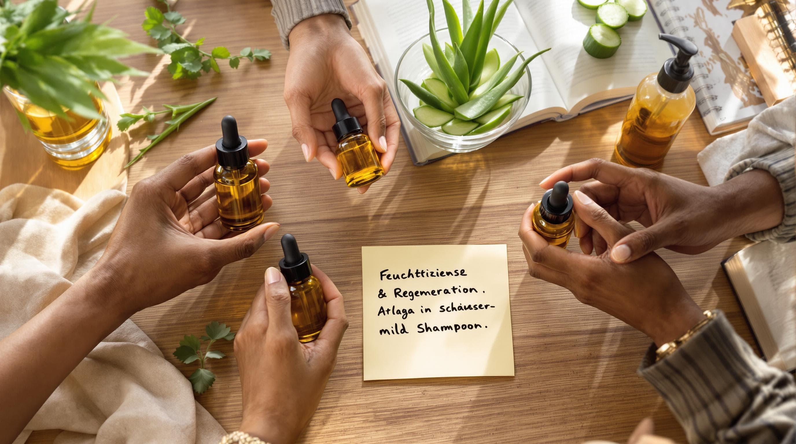 Manos sosteniendo aceites para el cuidado del cuero cabelludo y aloe vera sobre la mesa con notas de cuidado