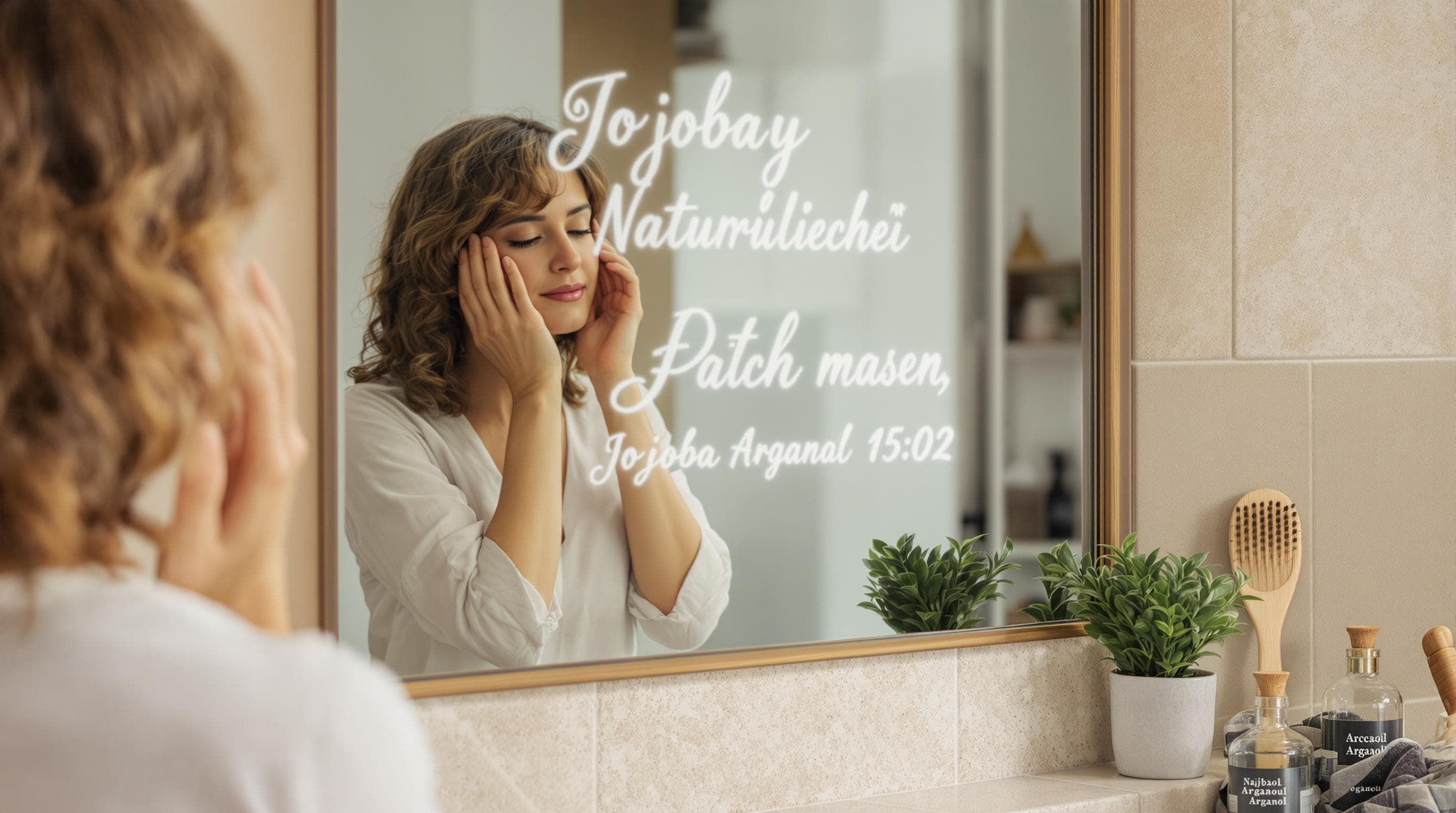 Mujer aplicando aceites naturales en el cuero cabelludo frente al espejo del baño destacando el cuidado natural