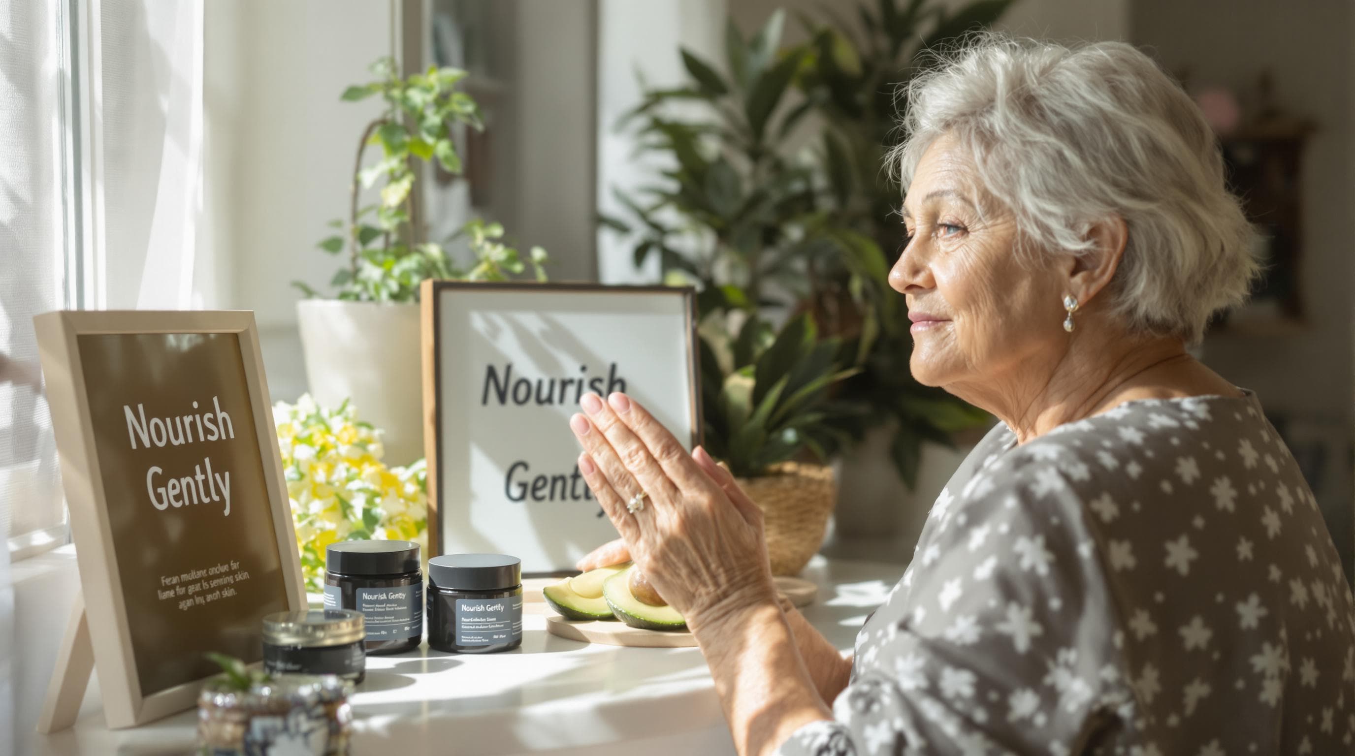 Woman with sensitive skin using vegan moisturizer and 'Nourish Gently' sign
