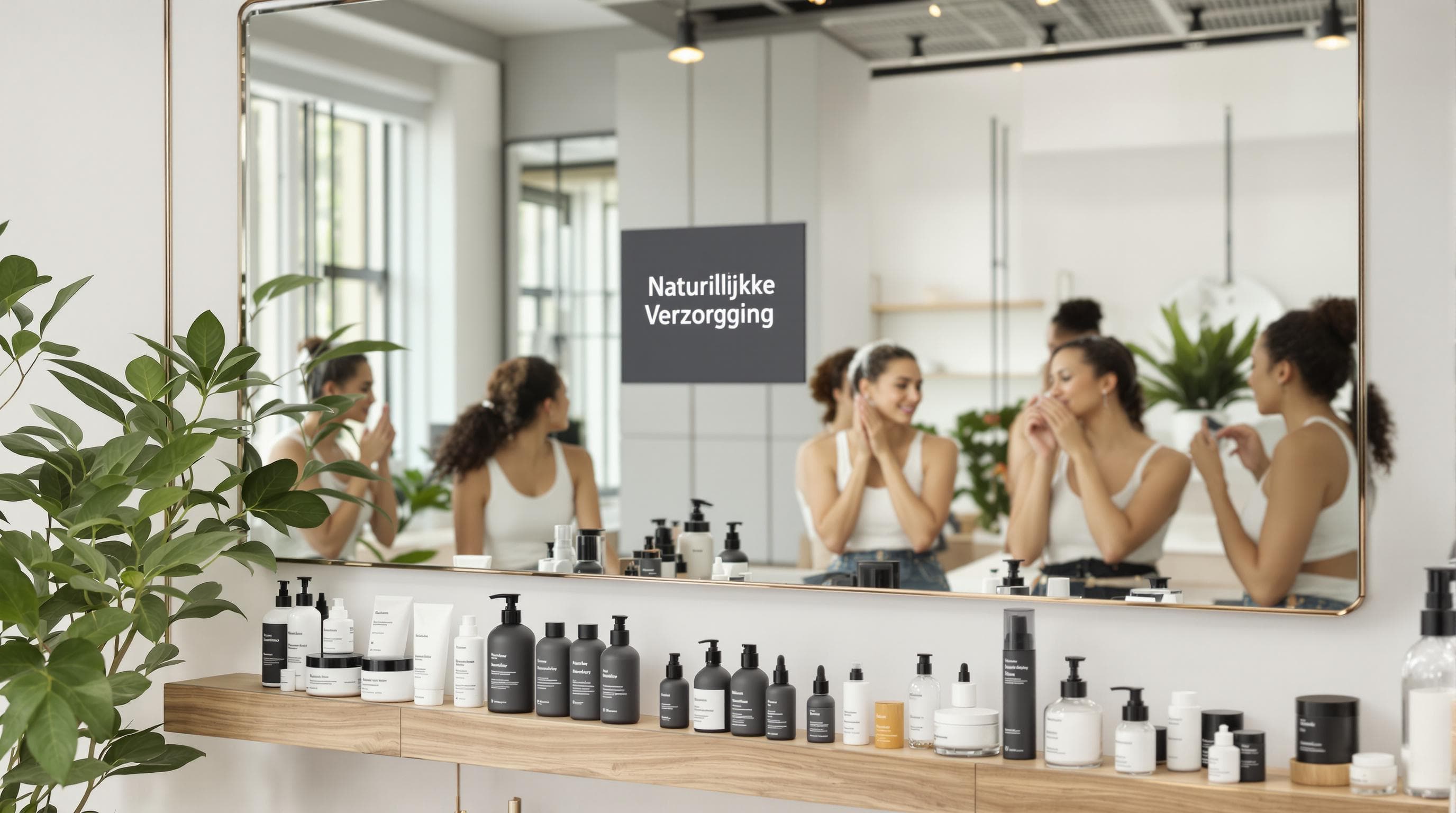 Diverse Gruppe, die natürliche Hautpflegeprodukte in einem hellen Badezimmer verwendet