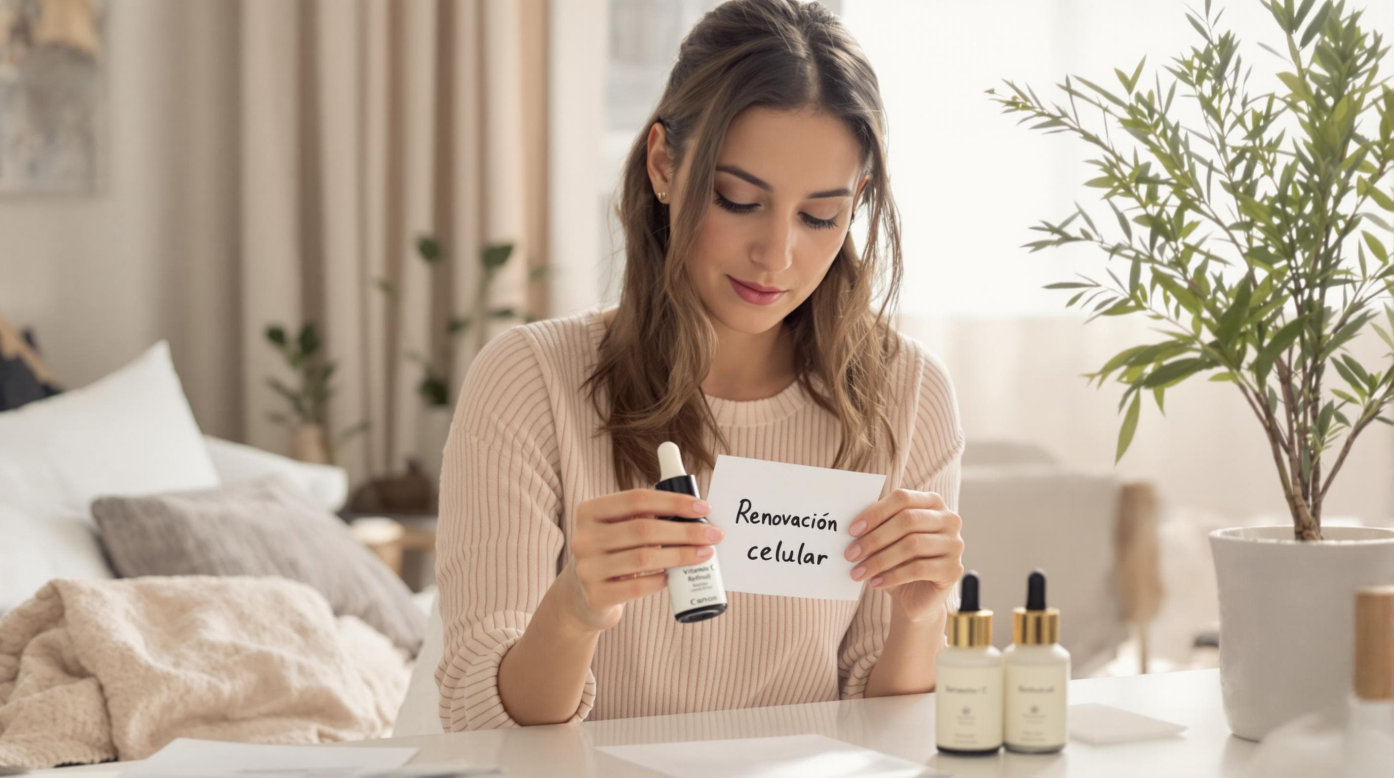 Joven leyendo serum en tocador junto a rutina con renovación celular