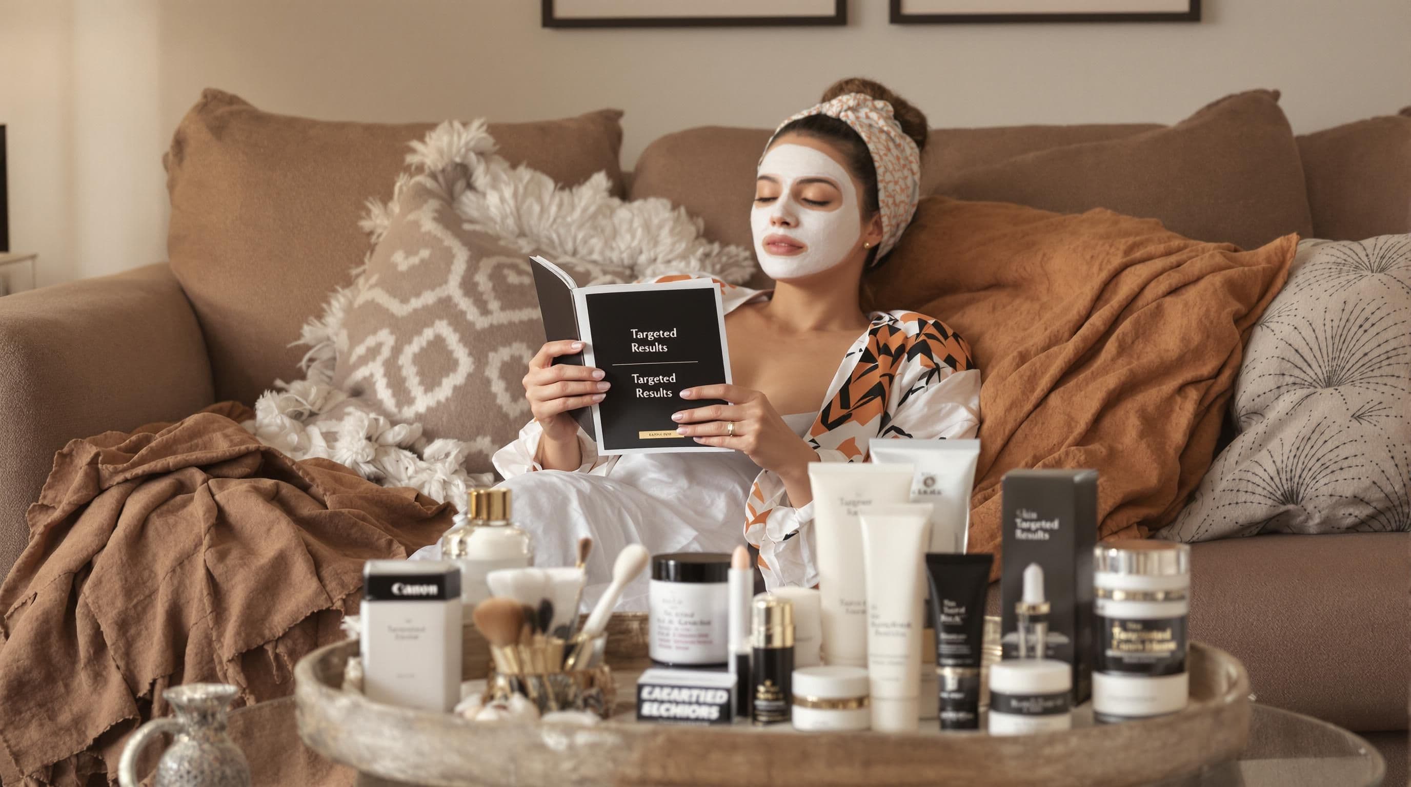 Woman with facial mask reads skincare guide labeled Targeted Results