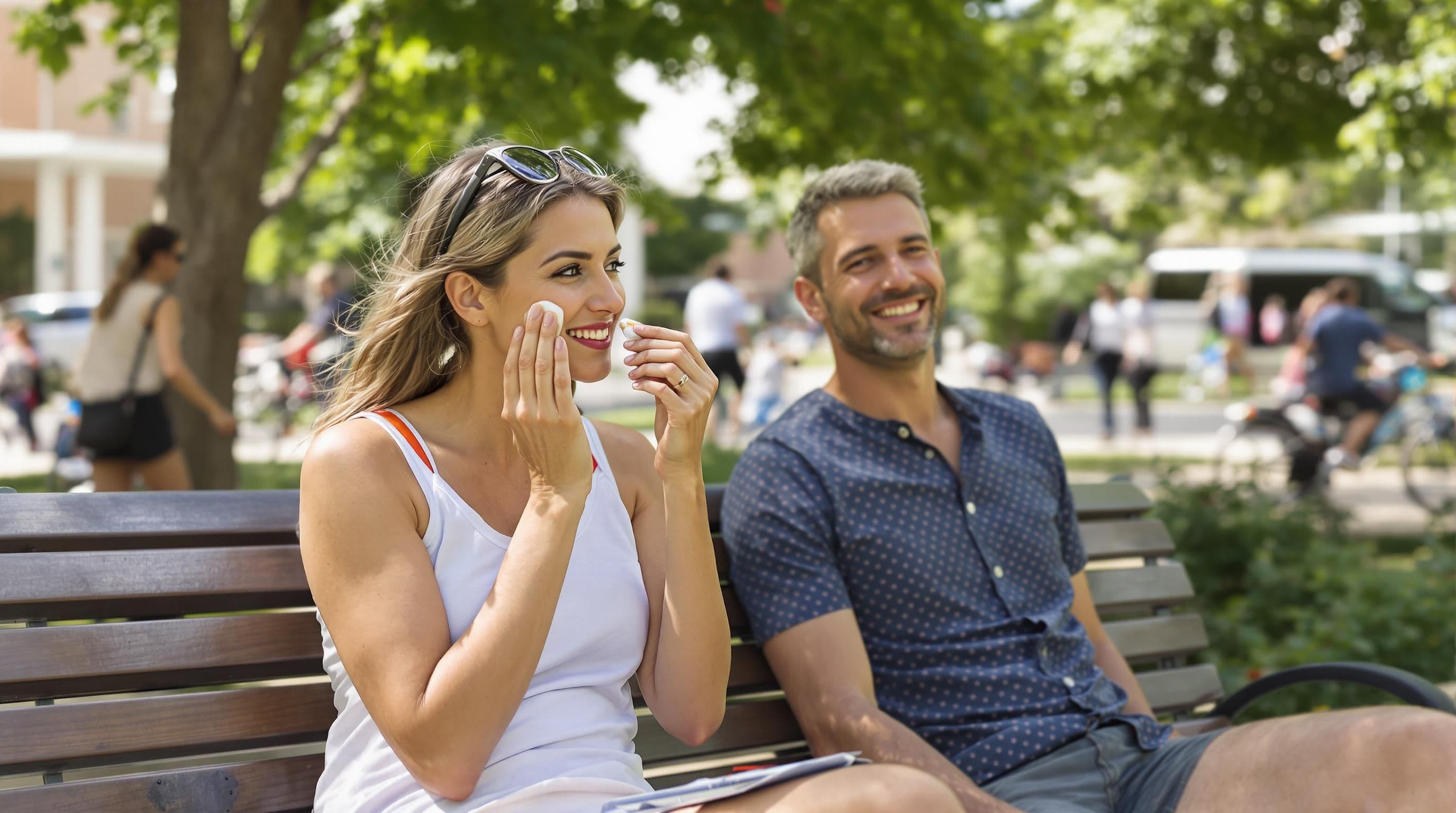 Mann und Frau tragen an einem sonnigen Tag im Freien Sonnencreme auf