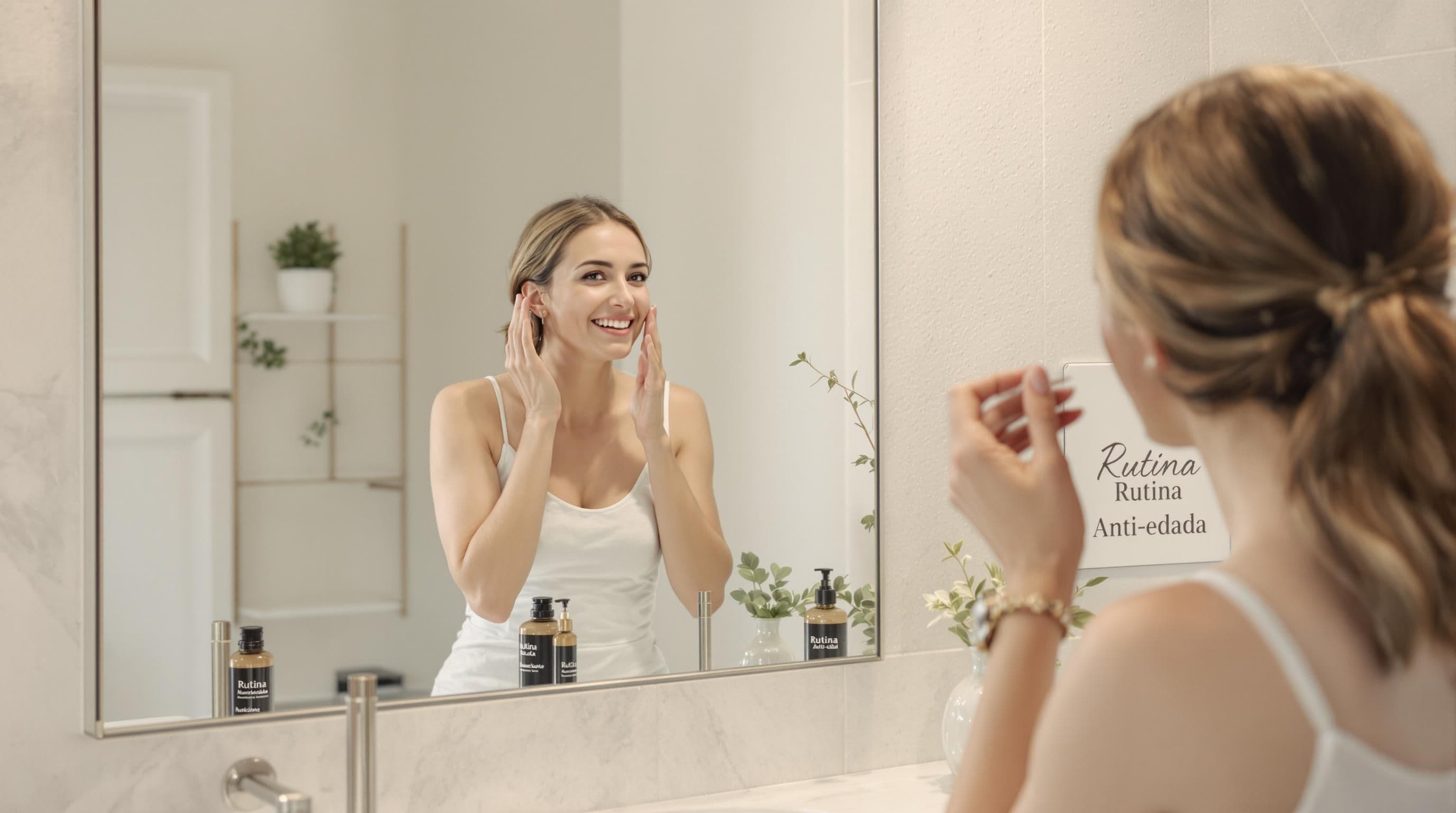 Woman applying moisturizing cream and viewing skincare products labeled hidratante and humectante.