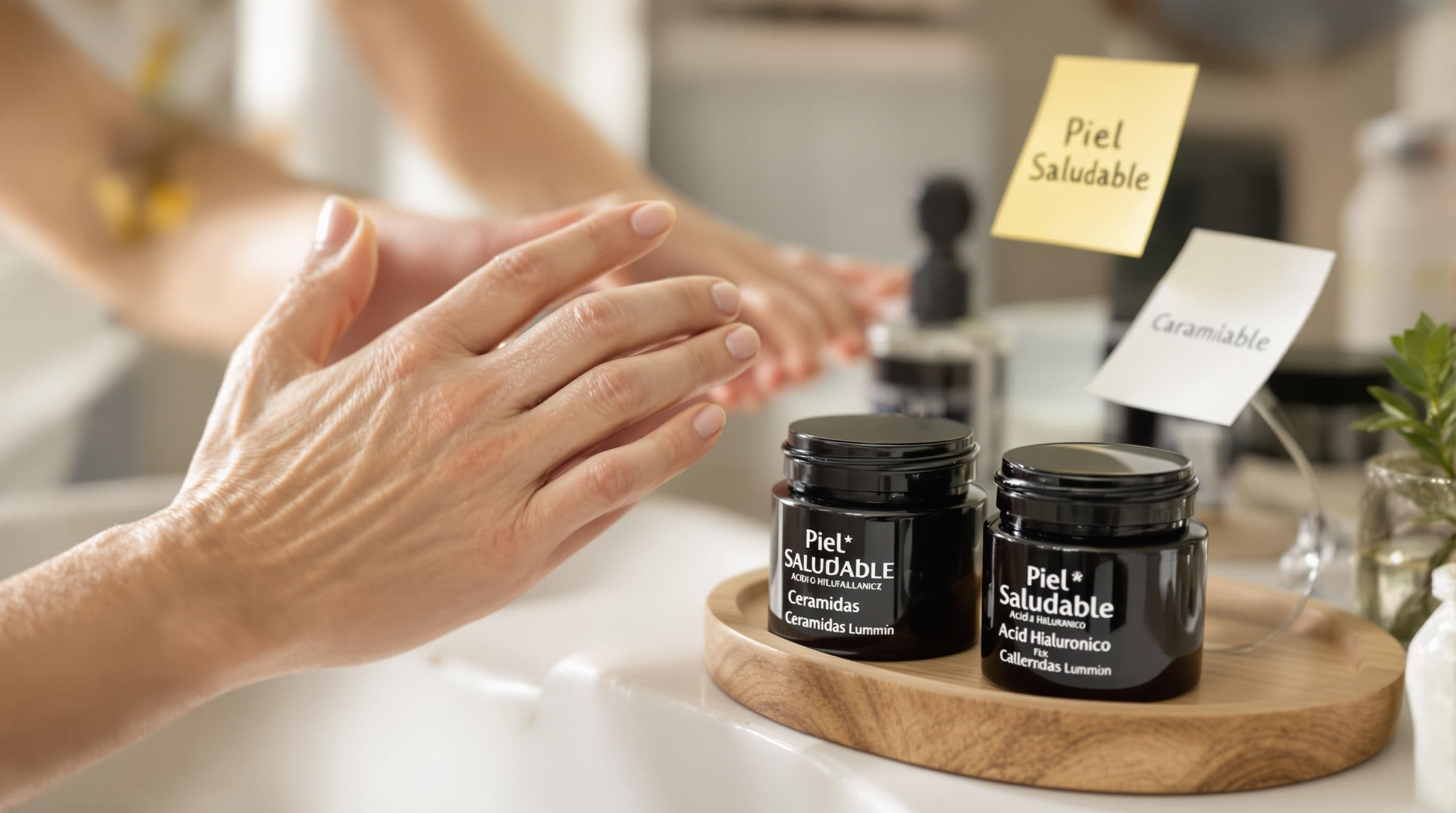 Young and mature hands applying different moisturizers with product jars in background.