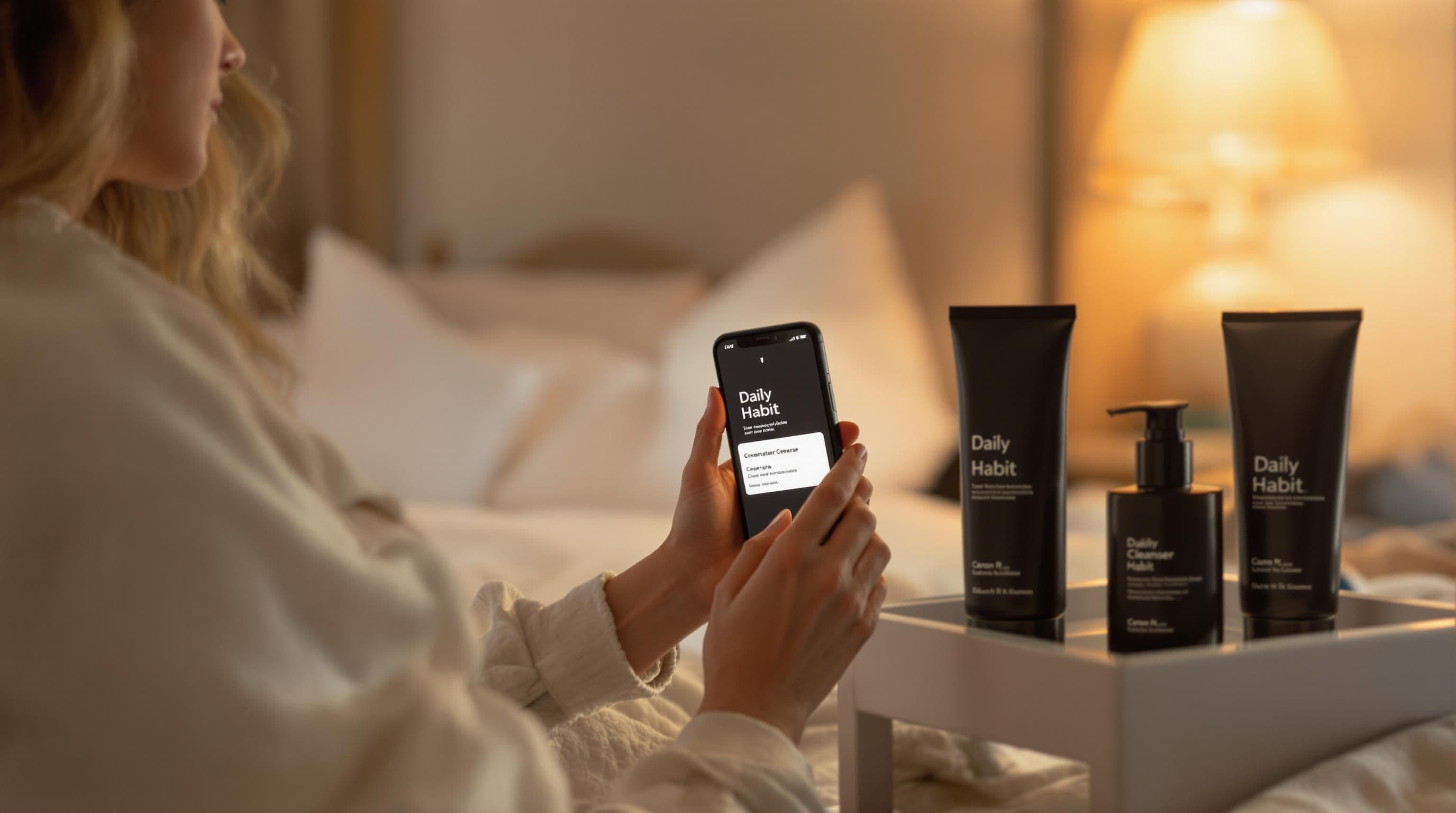 Woman checking skincare habit reminder on phone at night, with products on bedside