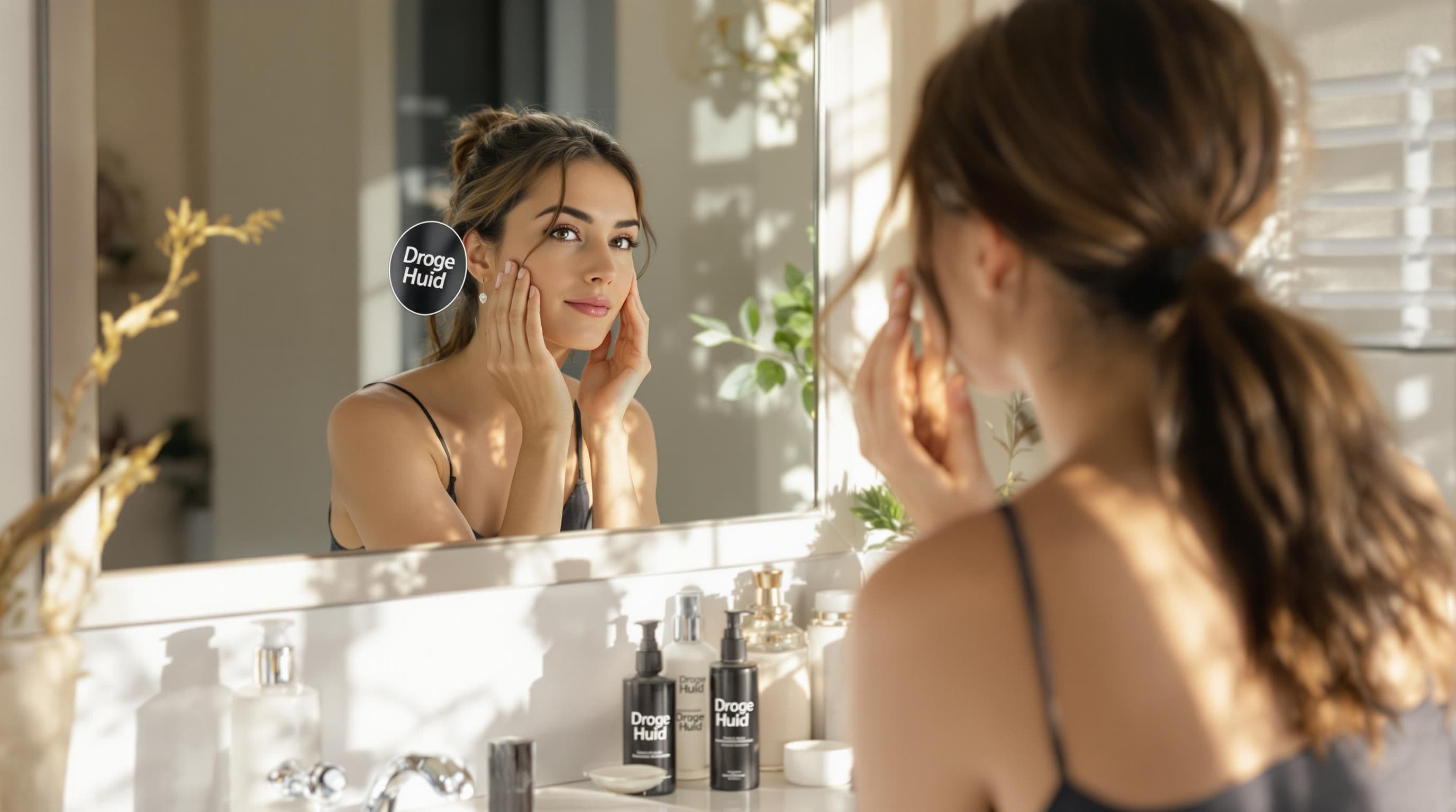 Mujer aplicando suavemente crema hidratante para piel seca en el tocador del baño