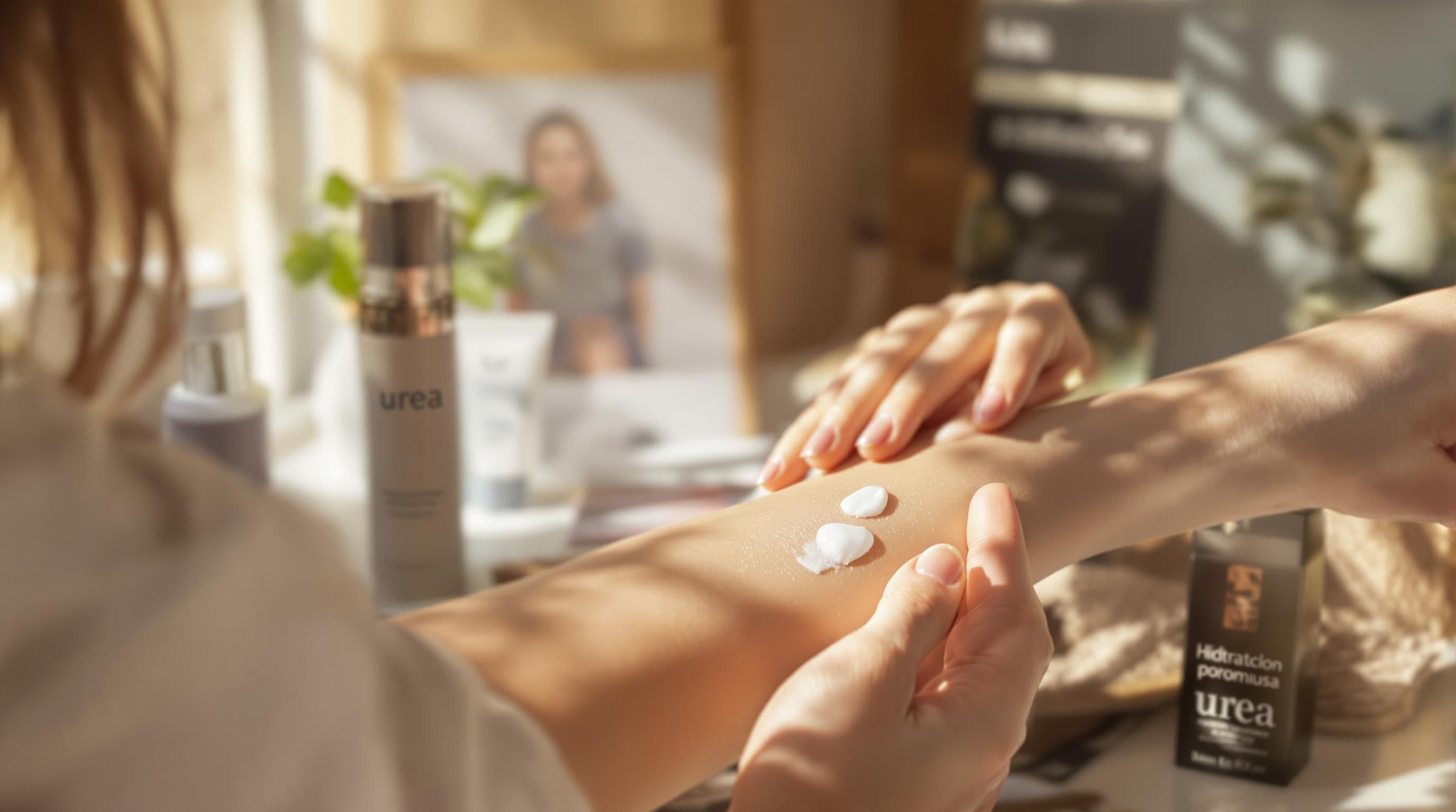 Hands applying urea cream to dry skin, hydration focus